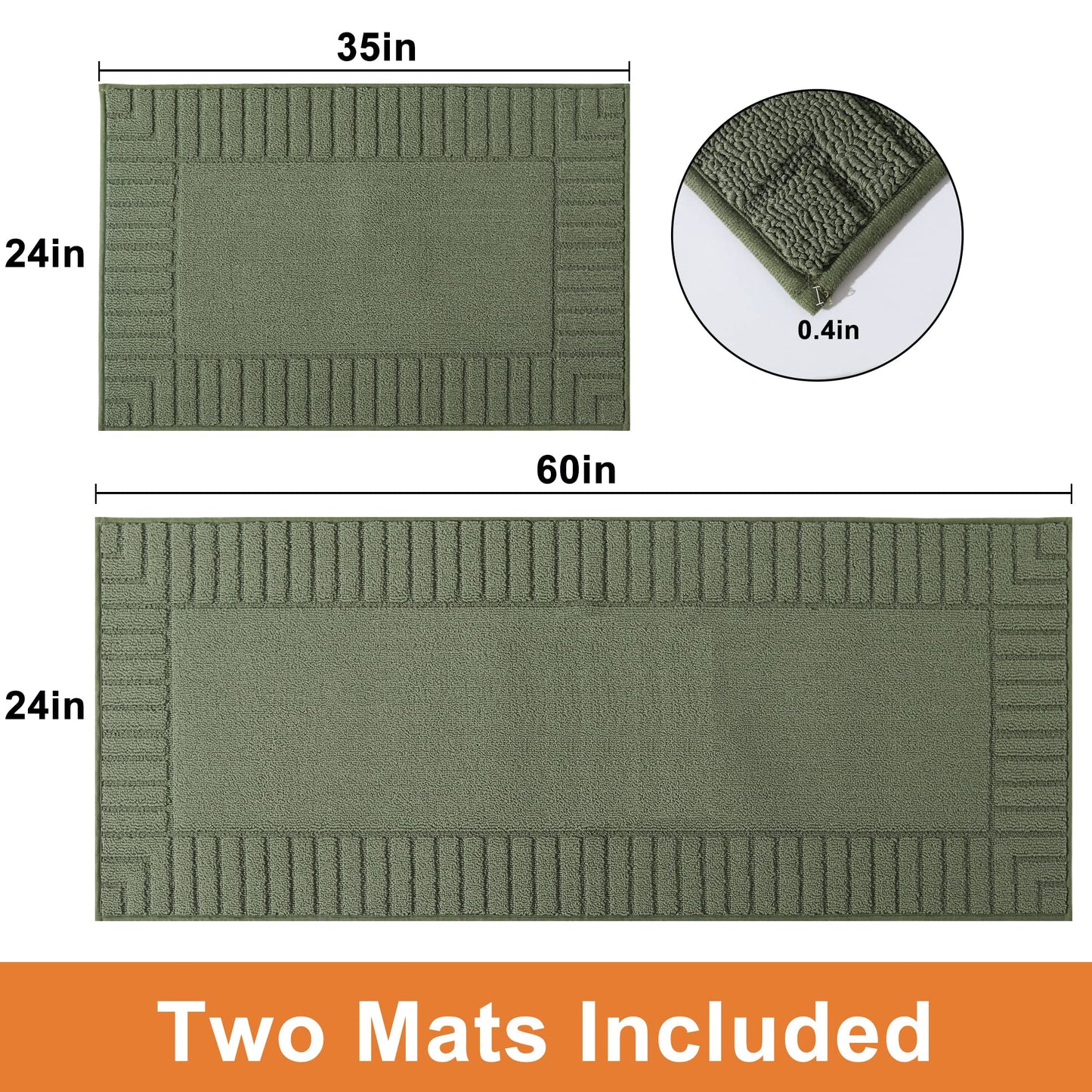 BEQHAUSE-Kitchen-Rugs-Non-Slip-Kitchen-Mats-for-Floor Machine Washable Kitchen Rugs 2 Pieces Kitchen Carpet Runner with TPR Backing,Green,24x35inch/24x60inch