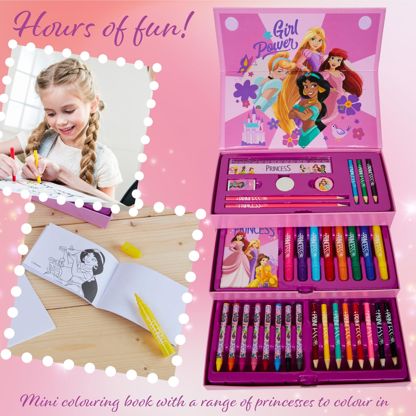 Disney Kids Coloring Pencils Markers Crayons Art Supplies in Box - Kids Gifts (Pink Princesses)