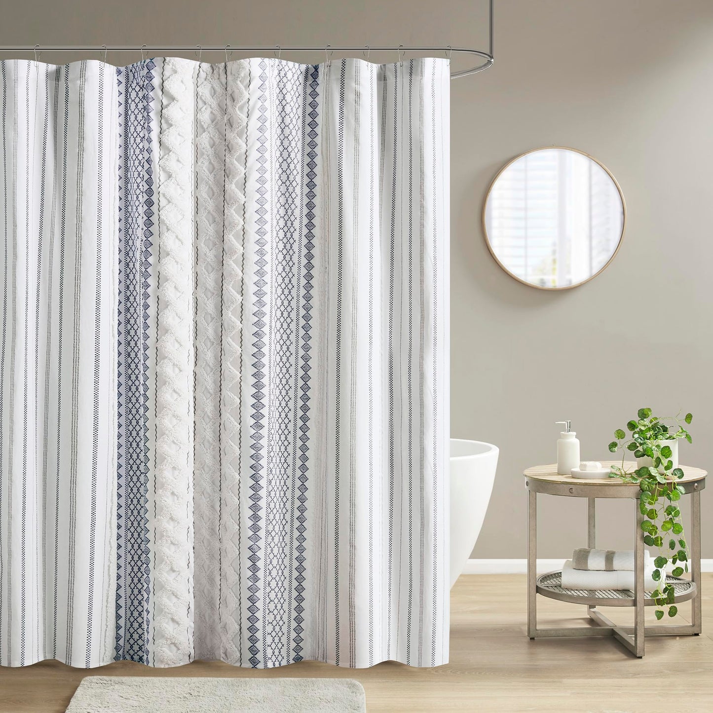 Ink+Ivy Tufted Chenille 100% Cotton Shower Curtains Machine Washable, Modern Home Bathroom Décor Bathtub Privacy Screen, 72" W x 72" L, White/Navy