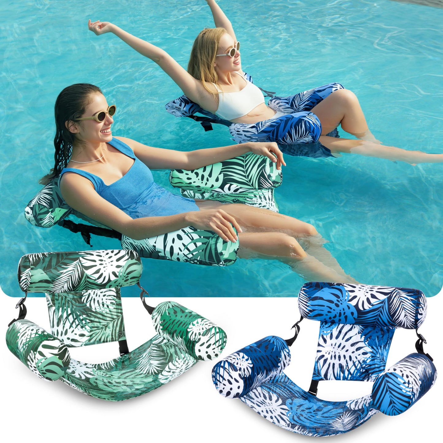 SLOOSH Inflatable Pool Floats Adult,2 Packs Floating Lounge Chairs,Blow up Pool Noodles for Adult Heavy Duty,Floating Chair for Party Summer Water Beach Lake Fun,Tropical Leaves-Green,Blue