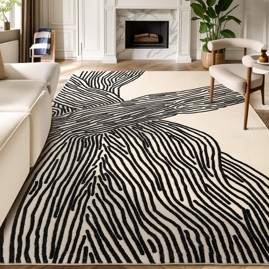 YIHOUSE 5×7Ft Area Rugs, Abstract Washable Rug, Modern Black and White Rug for Bedroom Living Room Dining Room Office Playroom Nursery, Nonslip Throw Non-Shedding Thin Contemporary Striped Rugs