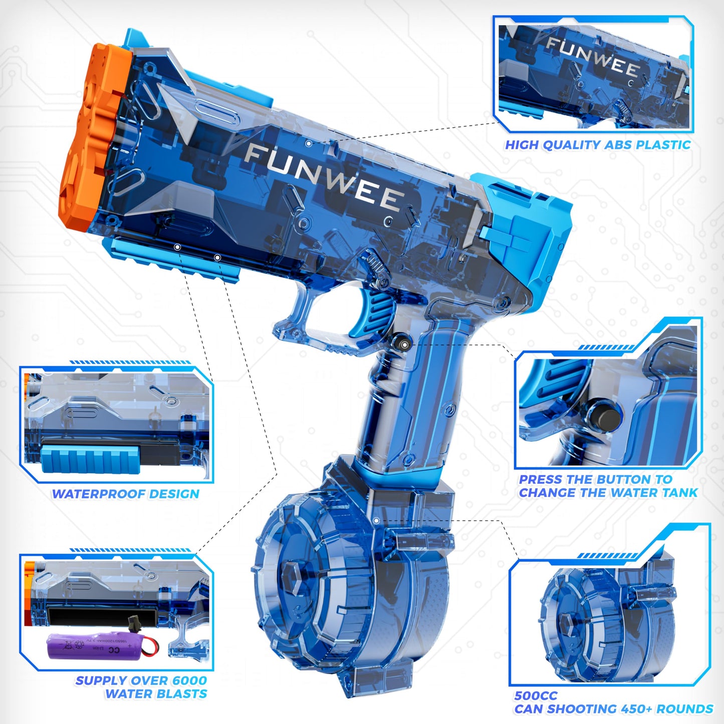 Funwee 2 Pack Electric Water Guns, Full Automatic Electric Squirt Gun High Capacity 500+ Water Blasts, Long Range Water Pistol Blaster Soaker, Summer Outdoor Pool Auto Water Toy for Adult Kid