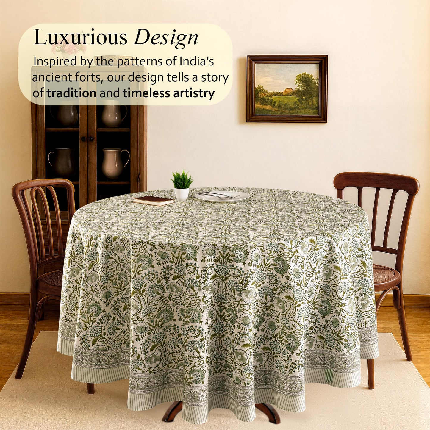 CPC Round Tablecloth- Cotton Indian Block Print Tablecloth -Handmade Printed Washable Cotton Table Cloth - Spring/Summer, Wedding Table Cover - Agate Green 90 Inch