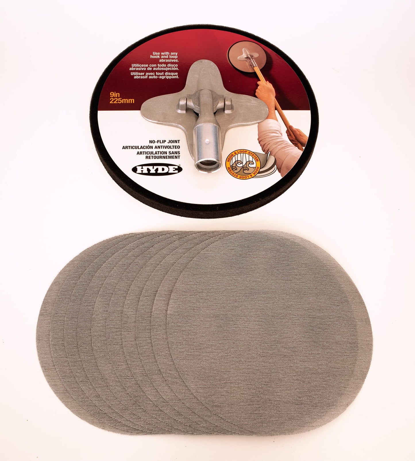Hyde 9-Inch Radial Sander Kit with 10-Pack Sanding Discs, Sanding Net, 120 Grit - Large Area Pivoting Hinge, Drywall Sanders with Fast Change Hook and Loop, Lightweight