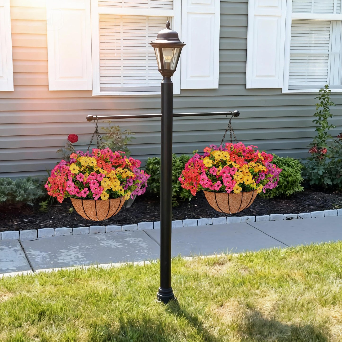 secqous 2 Set Artificial Outdoor Flowers with Hanging Basket, 2 Hanging Planters with 24 Pcs Flowers for Garden Porch Patio Balcony Yard Home Decoration