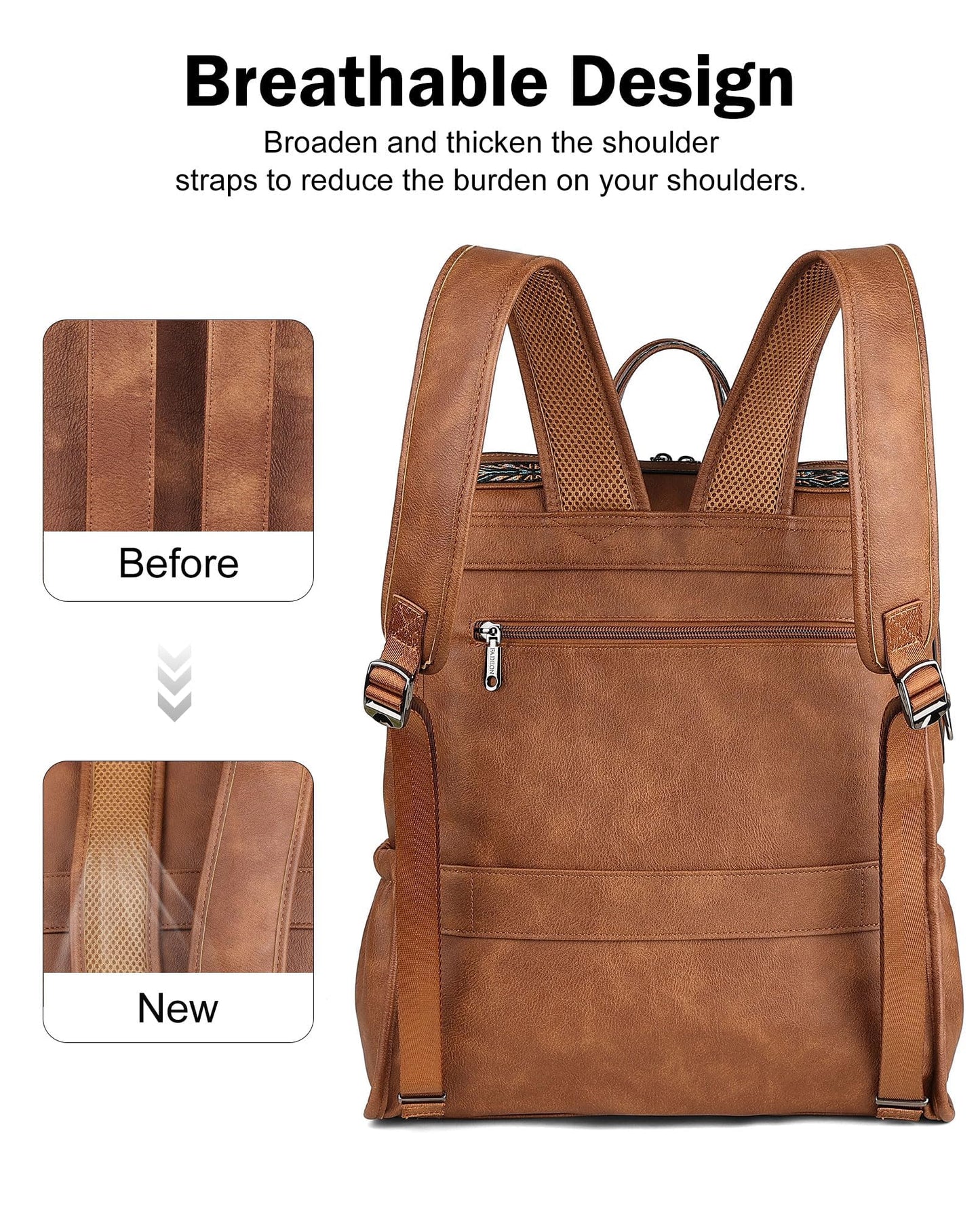 FADEON Leather Laptop Backpack for Women, Designer Ladies Work Travel Computer Backpack with Laptop Compartment Purse Brown