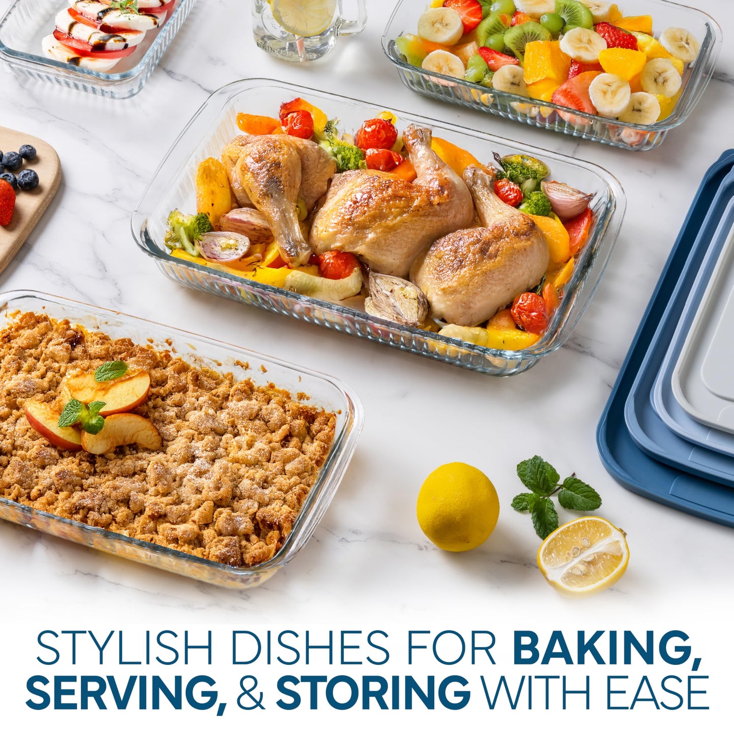 COOK WITH COLOR 8-Piece Deep Glass Baking Dish Set with Plastic Lids – Casserole and Food Storage Containers for Lasagna, Leftovers – Freezer-to-Oven, Microwave & Dishwasher Safe, Fluted Blue