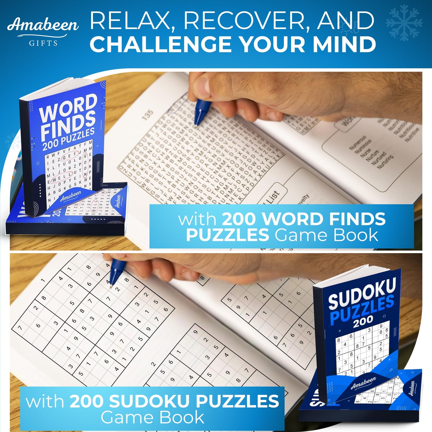 Amabeen Get Well Soon Gift Basket for Men - Funny Card, Insulated Tumbler, Word Finds Puzzle Book, Sudoku, Massager Ball - Recovery & After Surgery Care Package