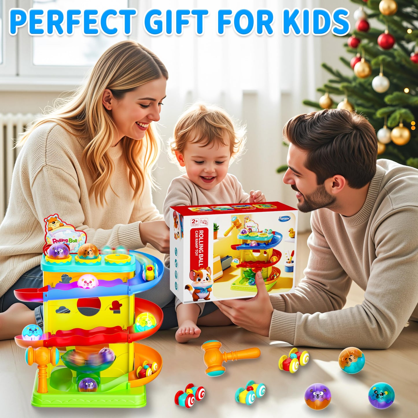 FUNWEE 2-in-1 Ball & Racing Car Ramp Toy for Toddlers, Race Track Hammer Drop Rolling Lights Ball, Learning Early Developmental Fun Game Birthday Gift Idea for Kids 2 3 4 5+Year Old Girl Boy(Yellow)