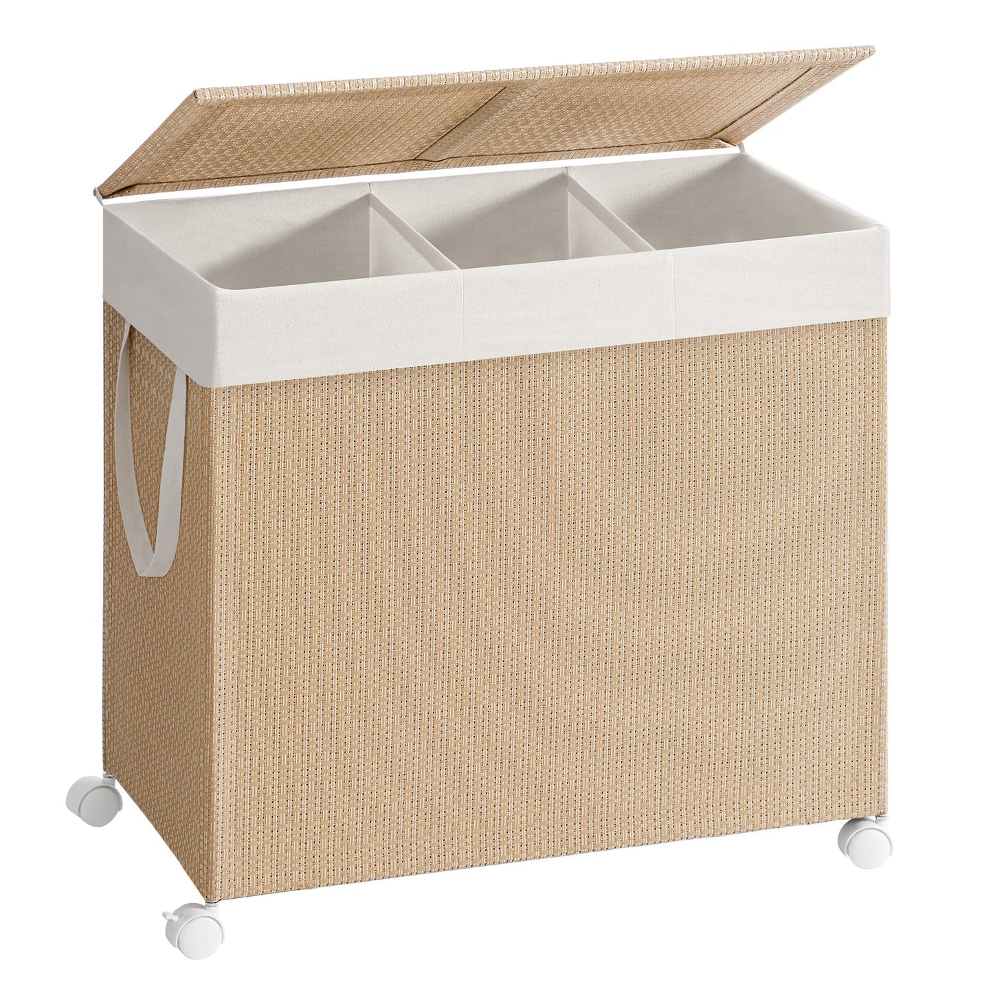 SONGMICS HOME Laundry Hamper with 3 Section, Large 140 L Rolling Laundry Basket with Wheels, Rattan Clothes Basket with Lid, Removable Liner with Handles, Natural Beige and Matte White ULCB602N01