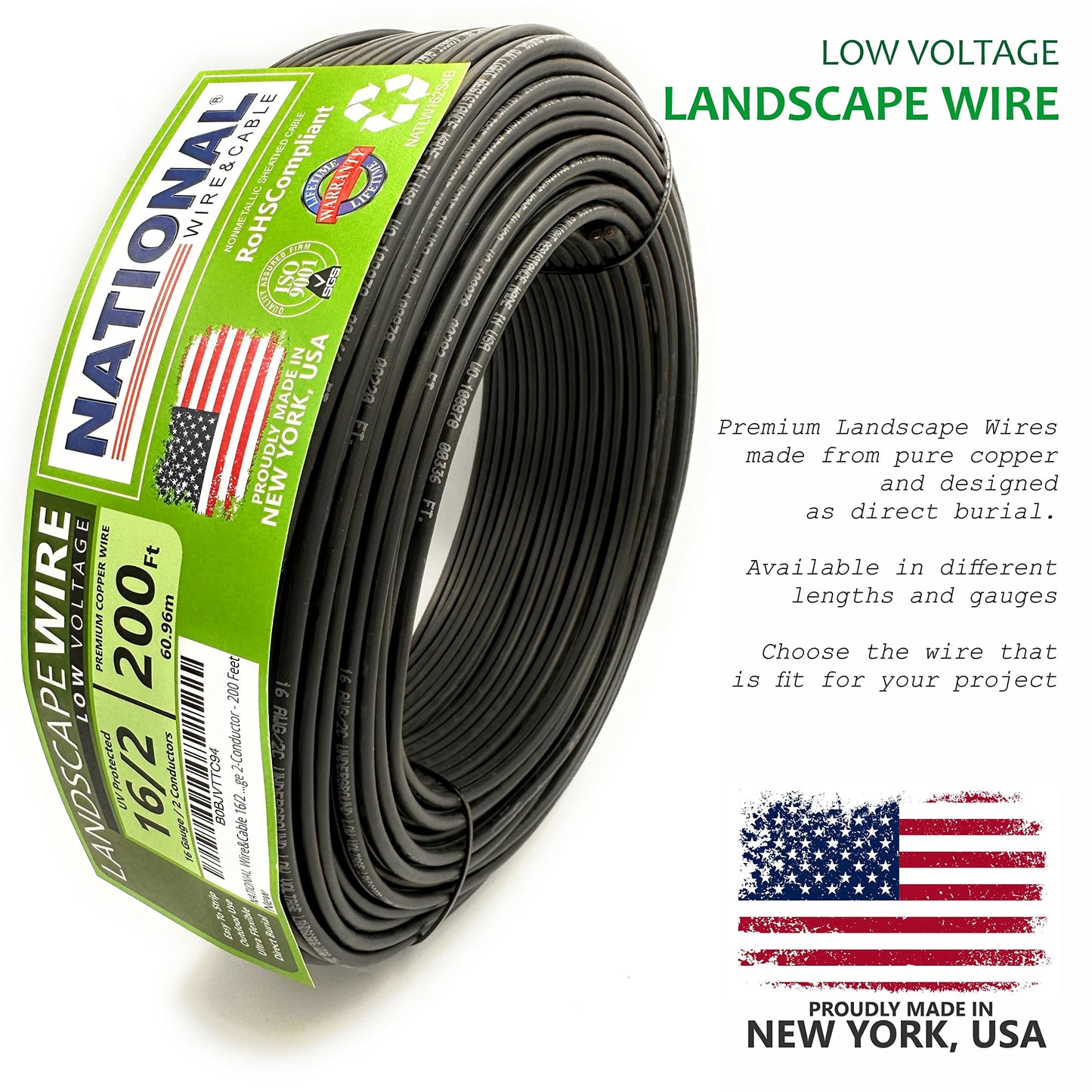 NATIONAL Wire&Cable 16/2 Low Voltage Landscape Lighting Wire - Made in USA - 16-Gauge 2-Conductor - 200 Feet
