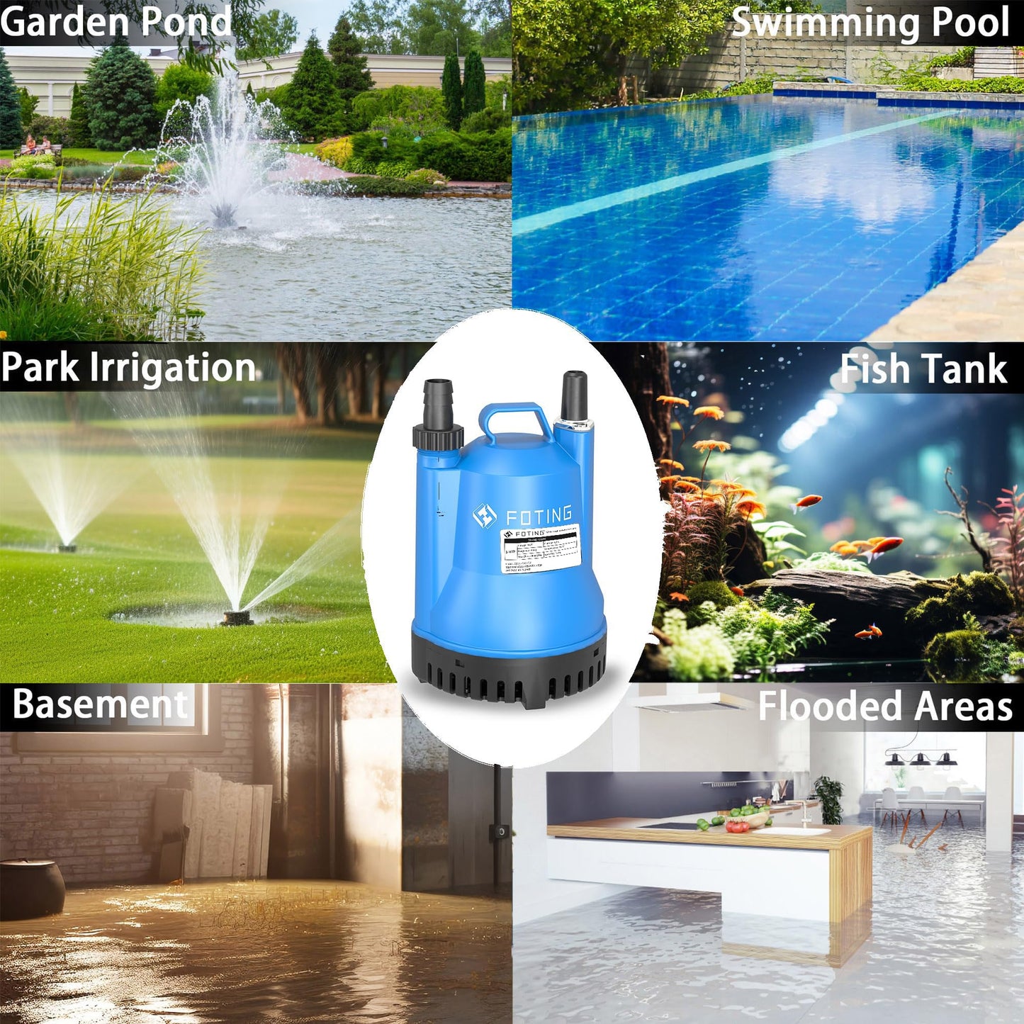 FOTING Submersible Water Pump - 1/4HP Utility Pump - 1676GPH Thermoplastic Electric Portable Transfer Water Pump - 25-Foot Cord for Pool, Tub, Garden, Pond Draining