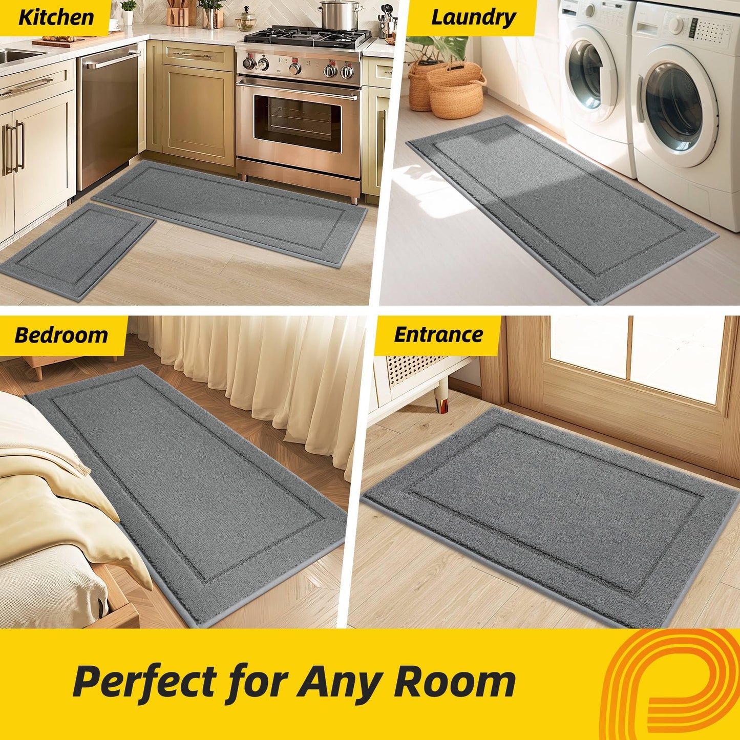 Non-Slip Kitchen Mats, Self Adhesive No Sliding Kitchen Rugs Set of 2, Soft Washable Absorbent Floor Rugs for Area Rug, Kitchen, Entrance, Bathroom, Laundry Room, Bedroom, 24”x36”+24”x60”, Light Grey