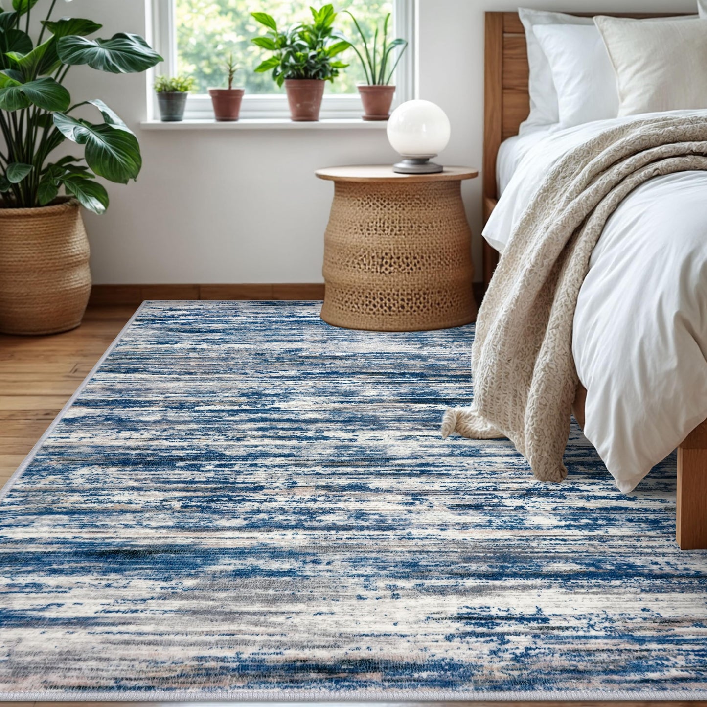 SIILOOM 5x7 Modern Abstract Area Rug for Bedroom, Navy Blue Gray Neutral Multi Large Super Soft Washable Rug with Non-Slip, Non-Shedding Rugs for Living Room, Indoor Door Mat for Home Décor