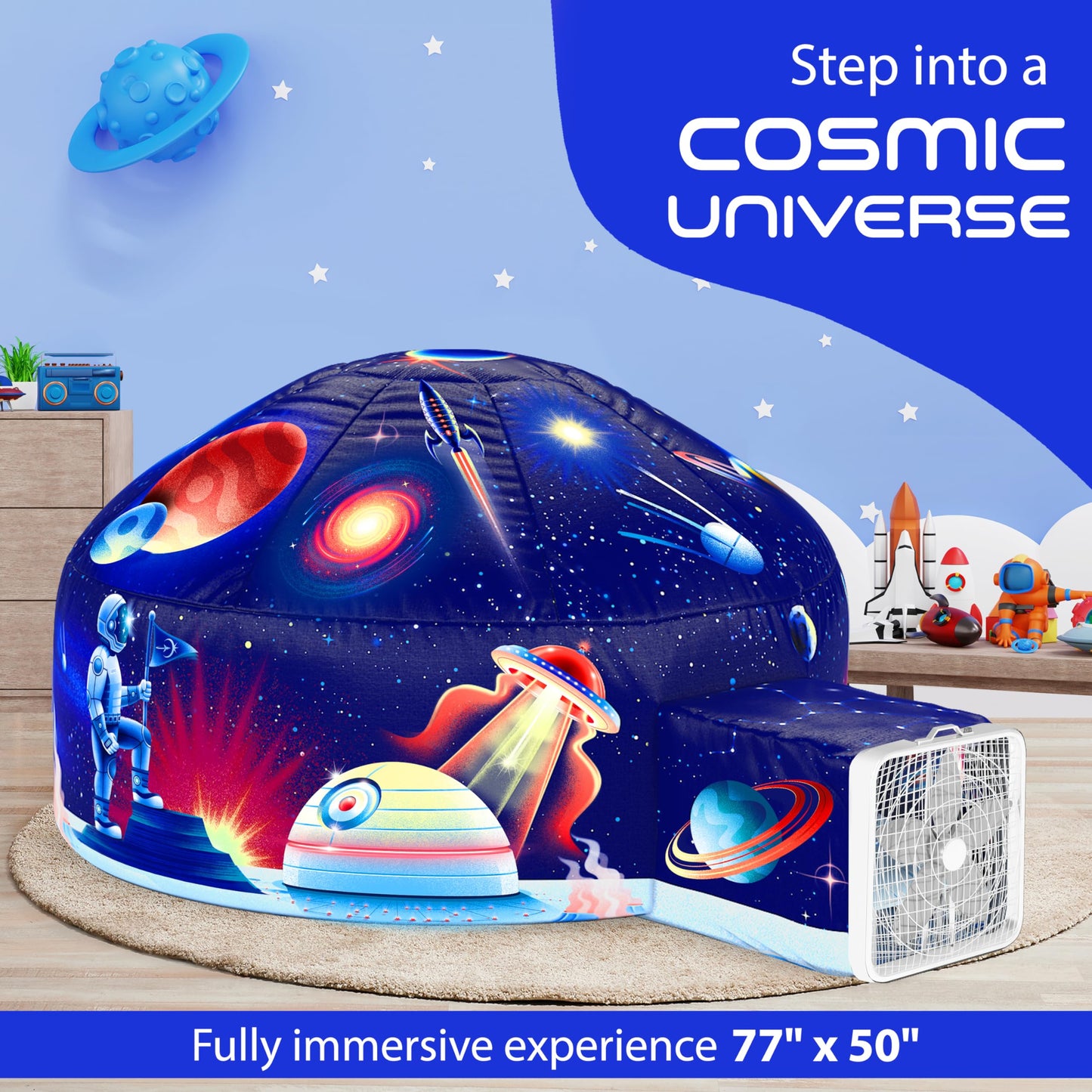 W&O Galactic Aerodome with LED Lights - Inflatable Space Fort for Kids Aged 3-12, Inflates in Seconds Creating an Immersive Galactic Experience (Fan Not Included)