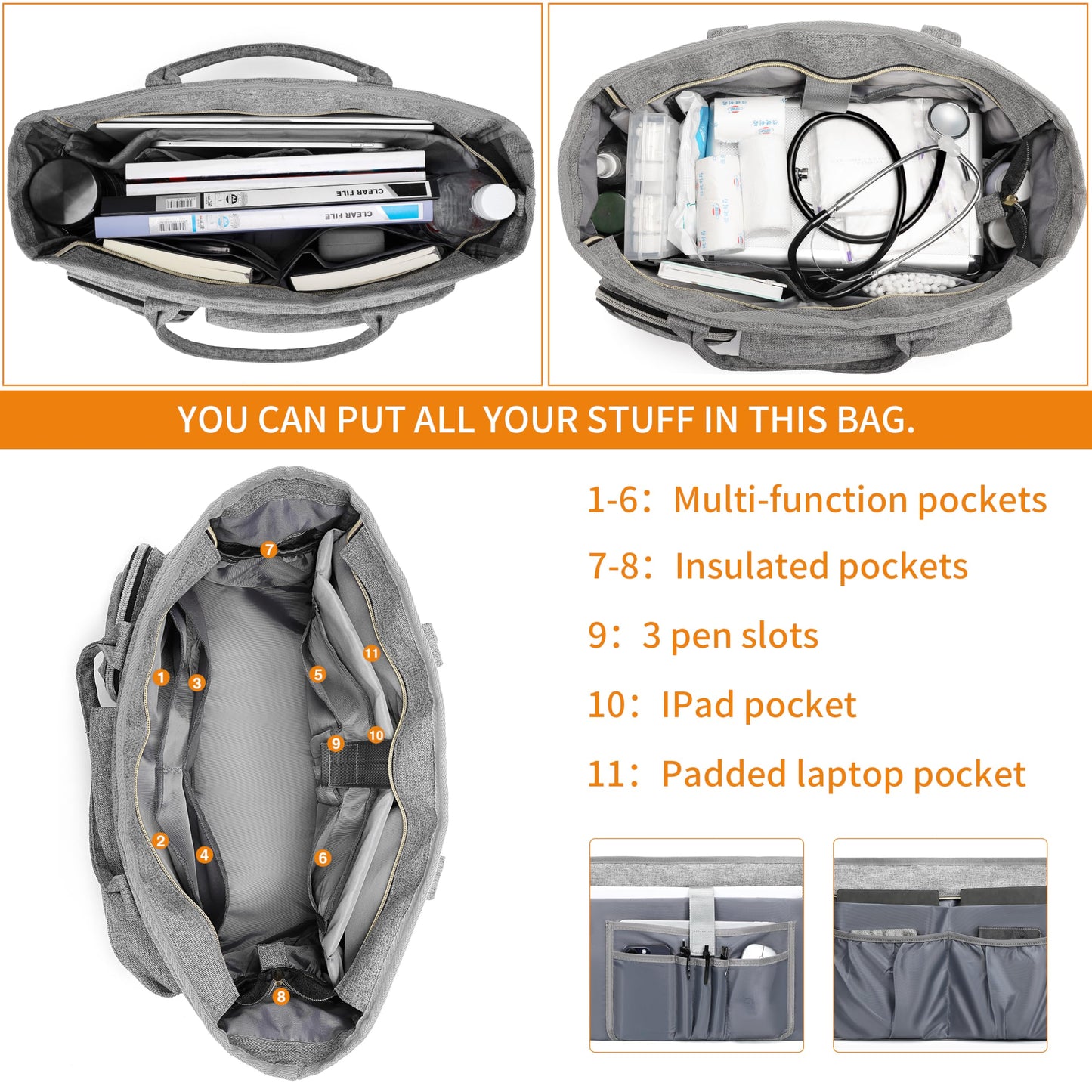 Laptop Tote Bag, Middle Size Computer Messenger Teacher Bag with 15.6'' Padded Laptop Sleeve Grey