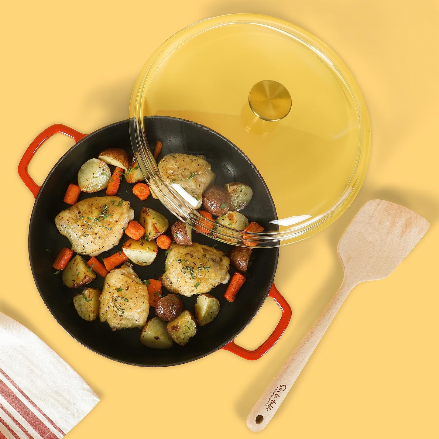 Sur La Table Kitchen Essentials Supper Club 3.75 Quart Enamel Cast Iron All In One Multi-Purpose Non-Toxic Nonstick Braiser Pan W/Borosilicate Glass Lid - Red
