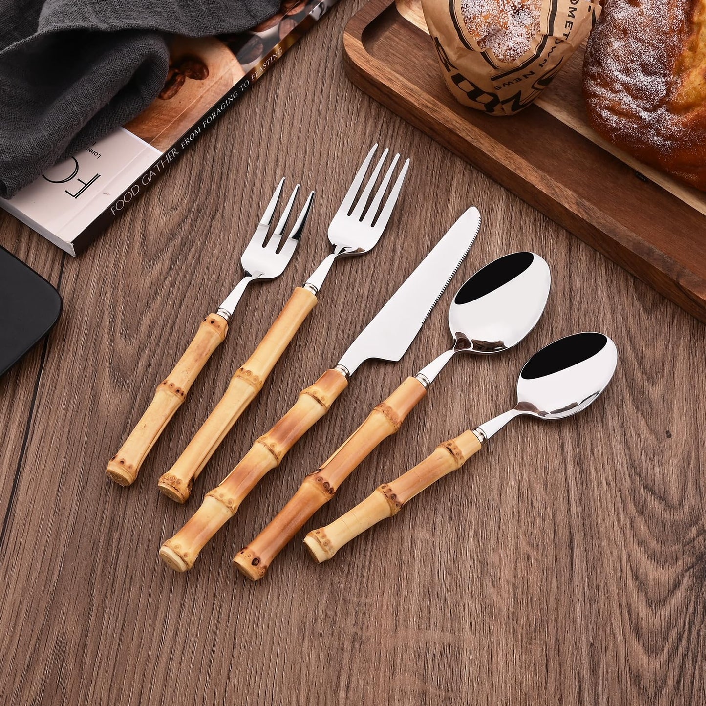 Uniturcky 50PCS Silverware Set for 10, Bamboo Handle Flatware Set, Stainless Steel Cutlery Set for Home Restaurant and Party, Bamboo Forks Spoons and Knives Set, Polished Tableware