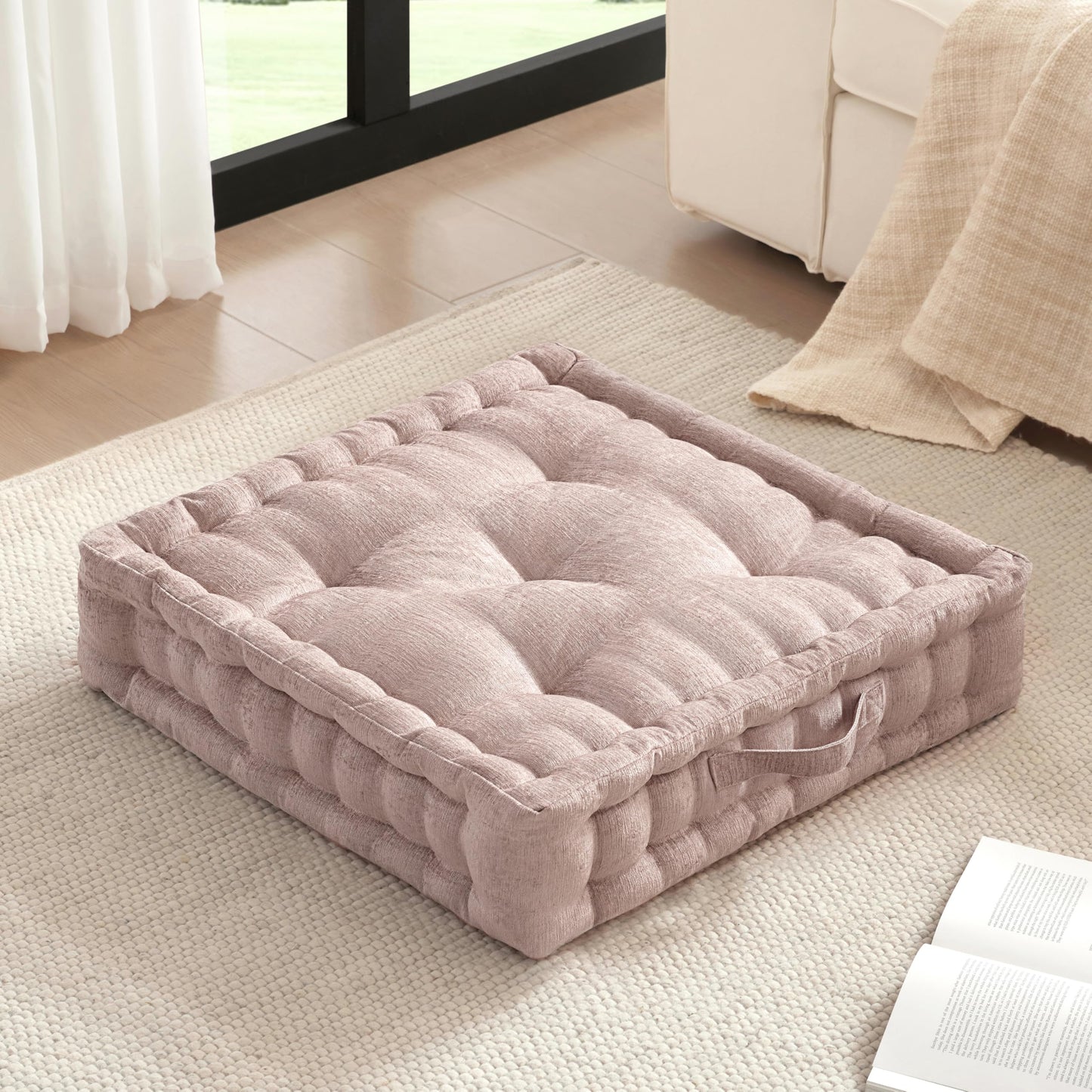 Intelligent Design Large Floor Pillow for Adults Yoga or Meditation Cushion with Handle, Floor Cushion for Board Games, Lustrous Chenille Tufted, Handsewn Scalloped Edge, Azza, 24" x 24" x 5" Blush