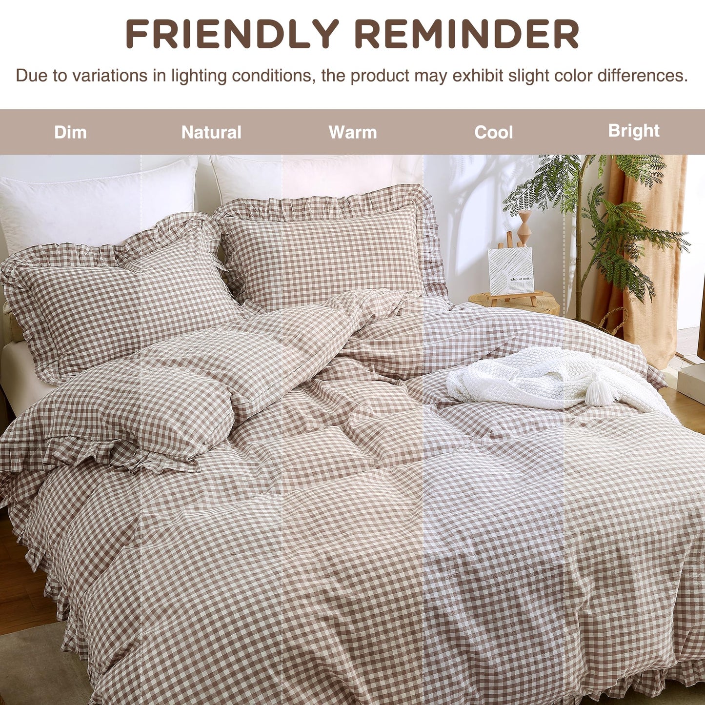 ATsense Tan Gingham Duvet Cover Bedding Set 100% Washed Cotton Like Linen Feel Soft Breathable 3 Pcs Brown Plaid Checkered Cute Ruffle Comforter Cover Set (Queen 90"x90", No Comforter)