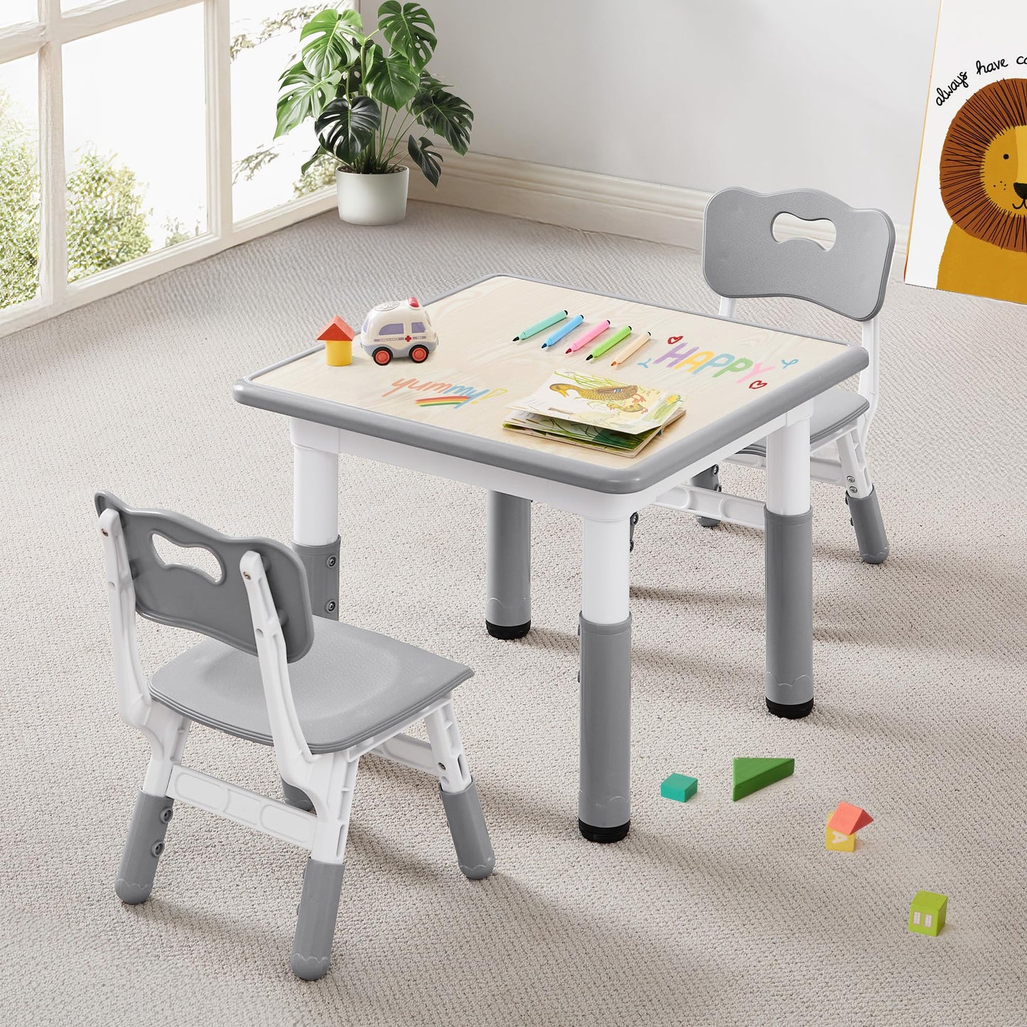 CuFun Kids Table & Chairs Set (2 Chairs) Height Adjustable for Ages 2-8 | Non-Slip Toddler Activity Table with Wipe-Clean Desktop, Montessori Learning & Art Drawing Tables for Home Preschool