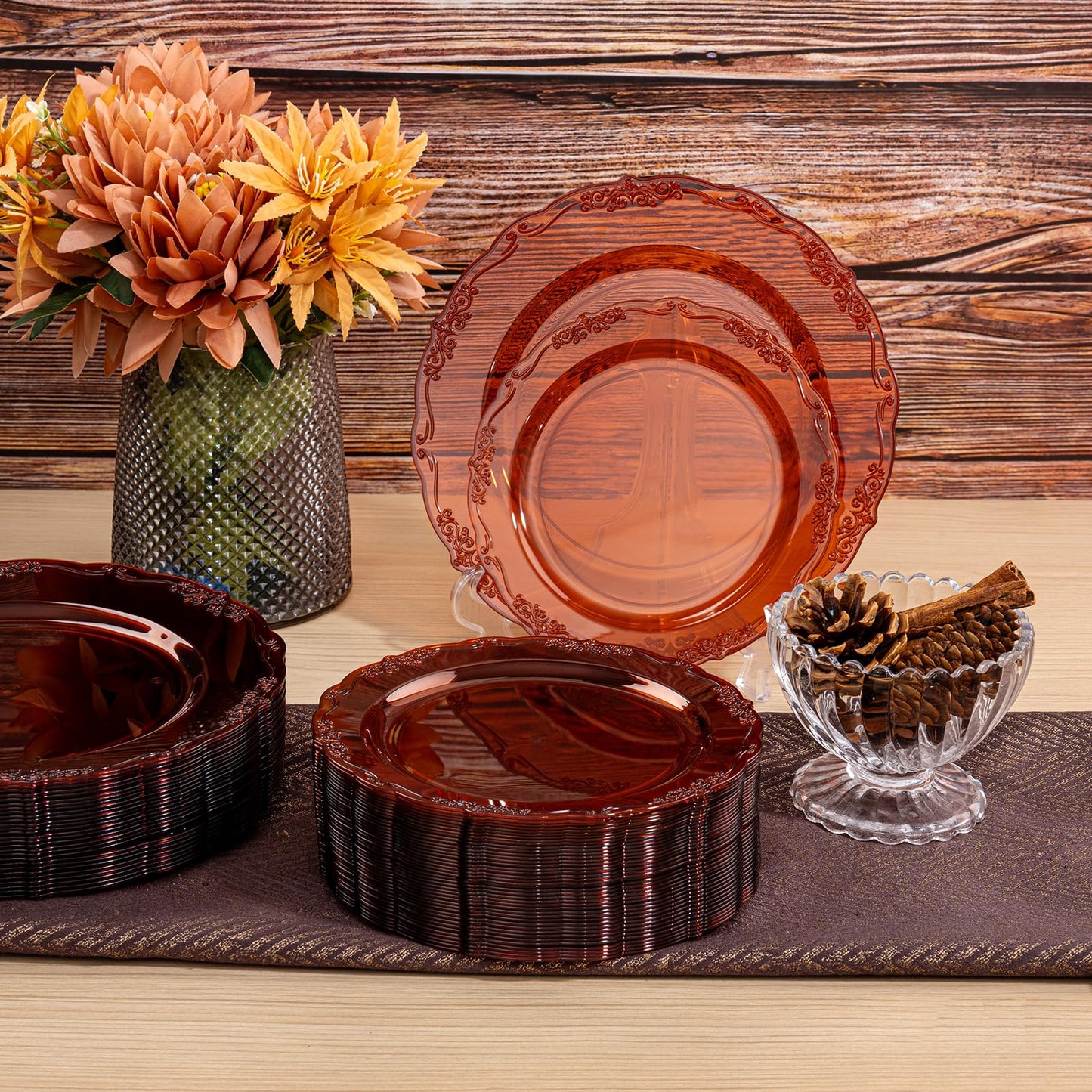 U-QE 100PCS Amber Plastic Plates - Clear Brown Plastic Plates Disposable Heavy Duty - Disposable Plates for Party Including 50PCS 10'' Dinner & 50PCS 7.5'' Dessert Plate