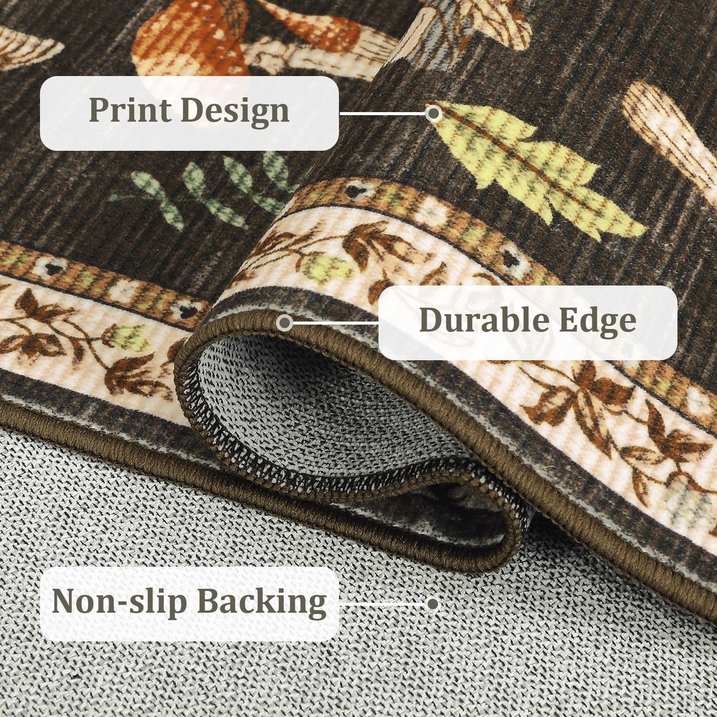 ROYHOME Mushroom Washable Rug 5x7 Area Rugs for Living Room, Insect Print Rug for Bedroom, Non Slip Throw Carpet with Rubber Back, Soft Low Pile Dining Room, Brown