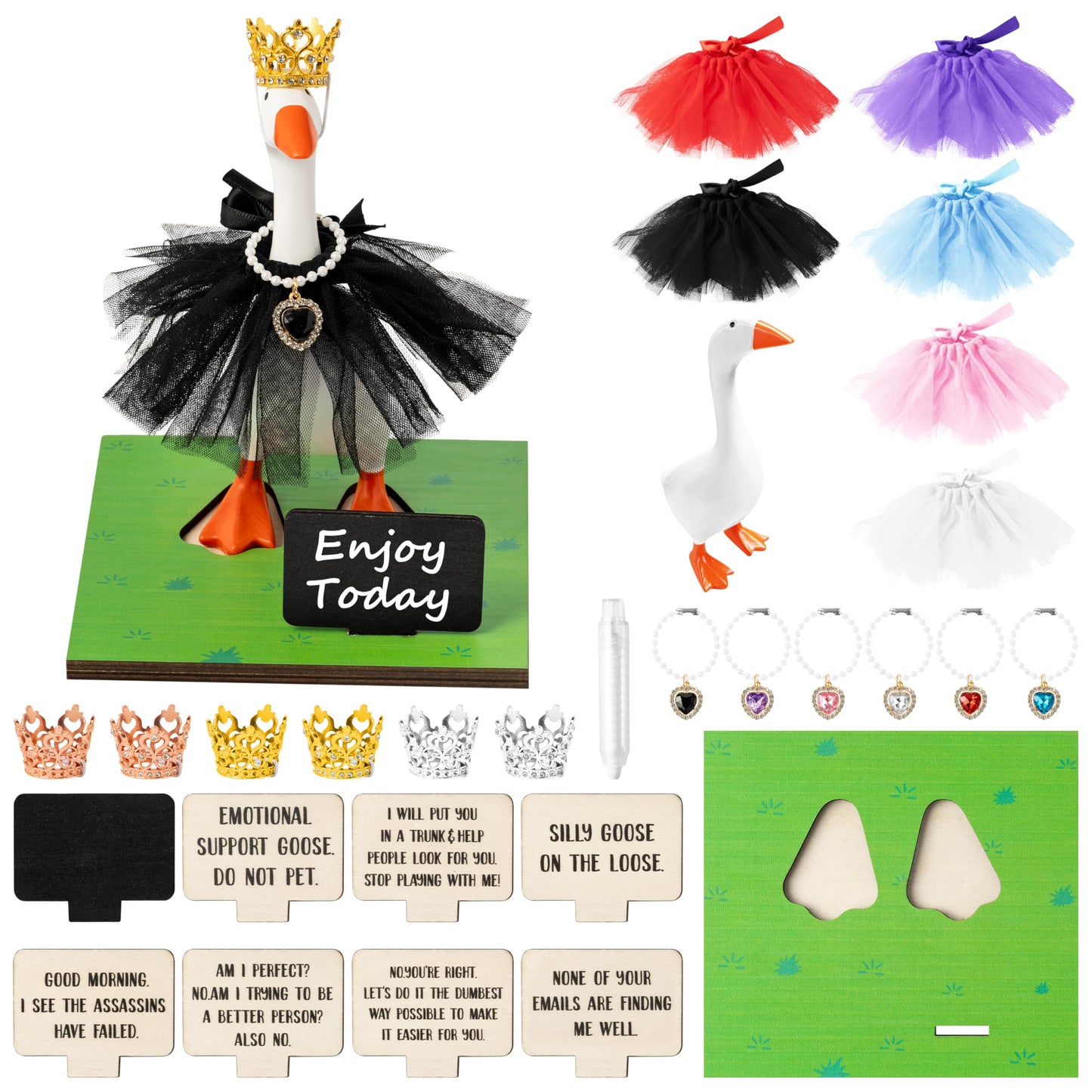 GudaAphrmix 29Pcs Desk Goose Statue Goose Outfits with Tutu Dress Crystal Crown Necklace, 7inch Resin Mini Goose with Writable Sign Chalk, Small Desk Duck Figurine for Office Home Art Decor