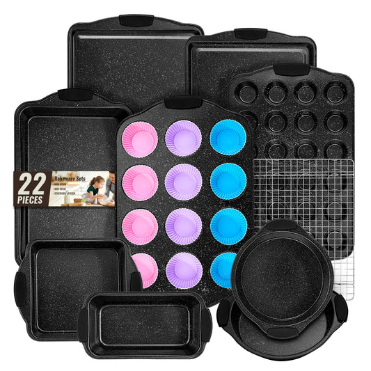 Baking Pans Set Nonstick, Bakeware Sets Stackable with Silicone Handles, AIVIKI 22 Pieces Oven Pan for Cooking Including Baking Cookie Sheet with Rack, Roast Pan, Cake Pan, Loaf Pan, Muffin Pan, Black