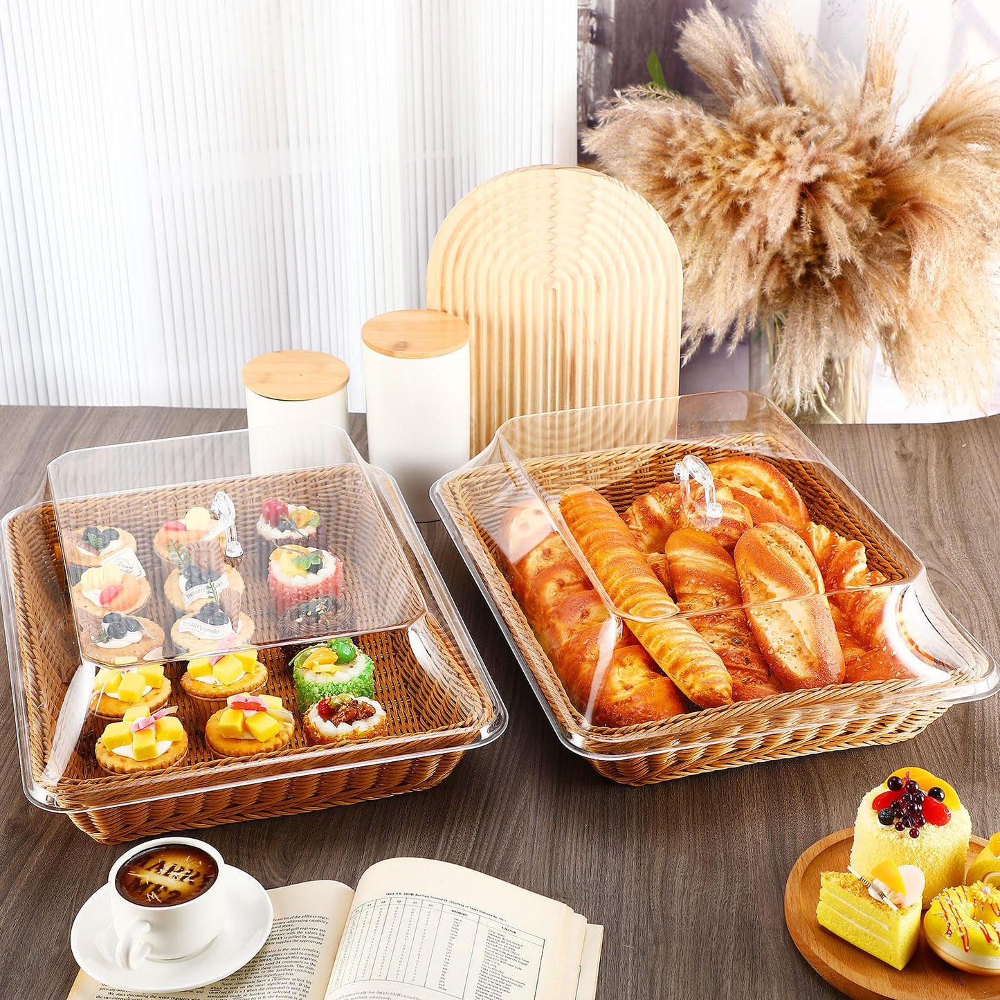 Mumufy 2 Pack Wicker Large Bread Basket with Acrylic Lid Housewarming Gift Woven Rectangular Imitation Rattan Fruit Basket with Cover for Serving Food Display Tabletop Home Kitchen(17.72x13.78'')