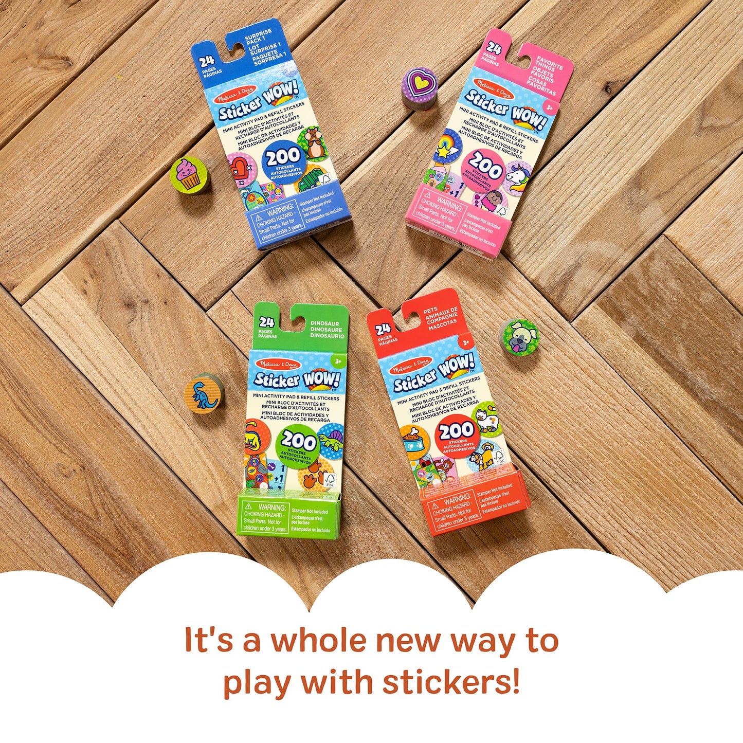 Melissa & Doug Sticker WOW! Mini Activity Pad & Refill Stickers 4-Pack—Dinosaur, Pets, Surprise Pack 1 & Favorite Things—800 Stickers for Sticker Stampers (not included) Arts & Crafts Toys for Kids 3+