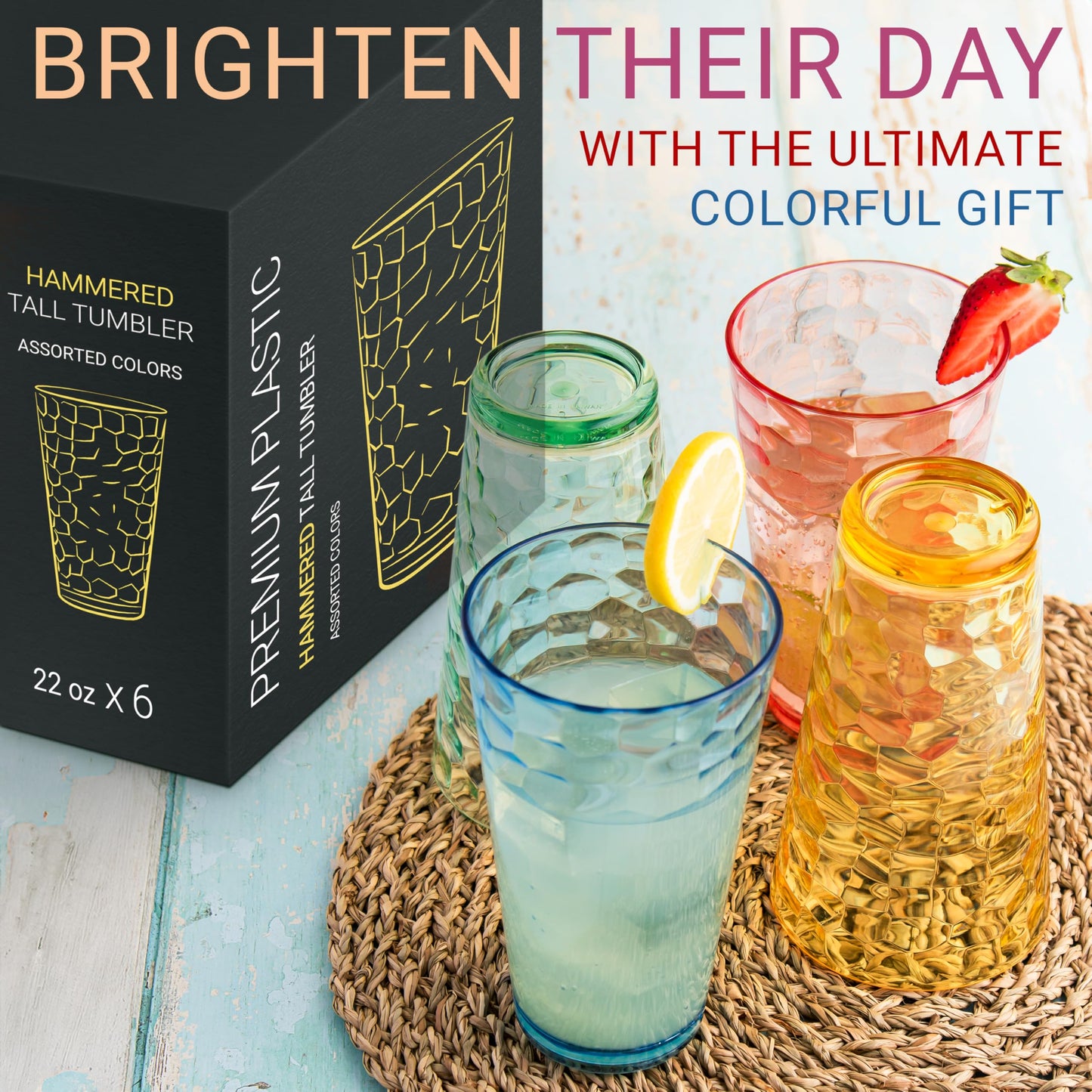 Bravario Hammered Plastic Drinking Tumbler, Dishwasher-Safe Premium Quality Water Glasses, BPA-Free Reusable Mixed Colors Assorted Stackable Cups, 22 oz Set of 12