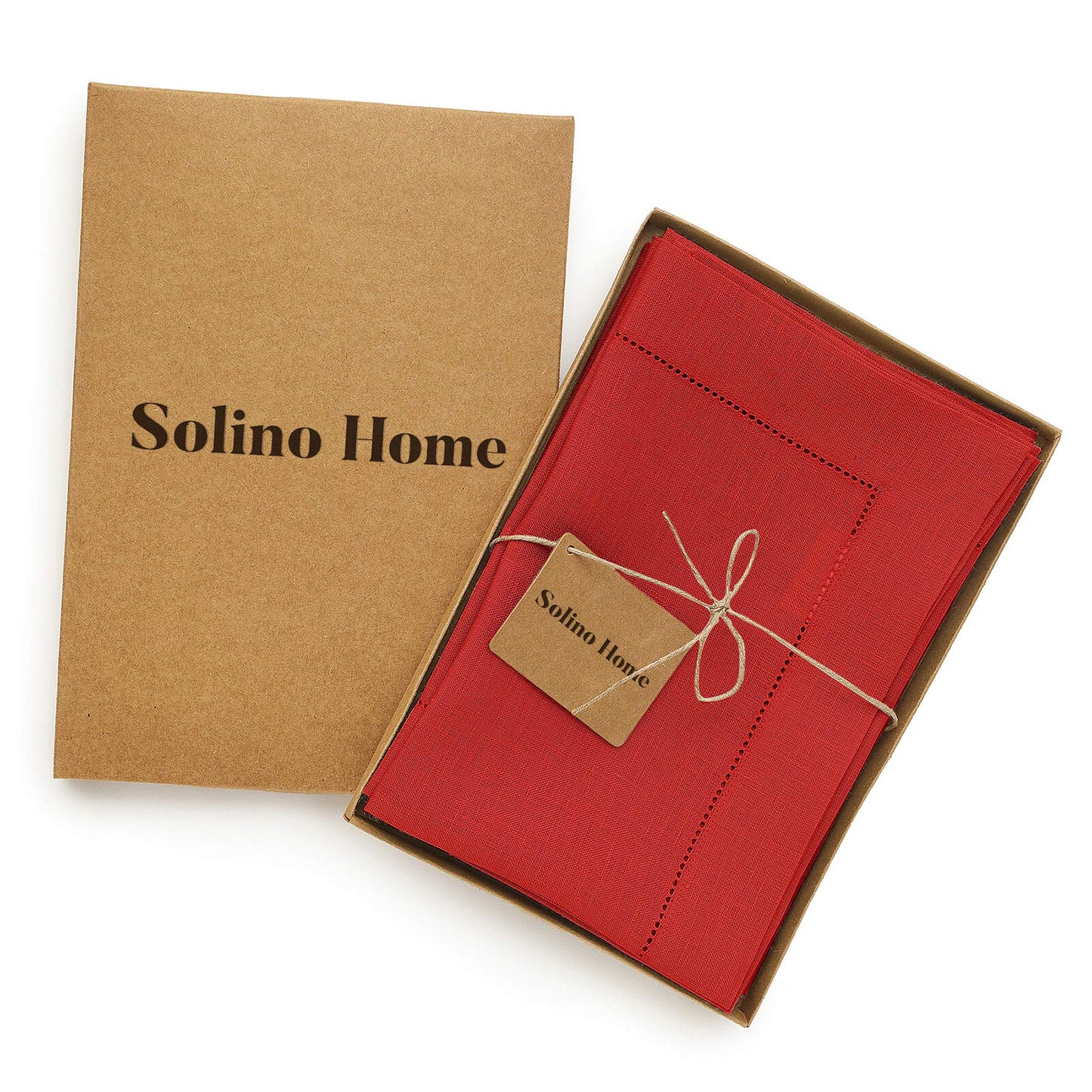 Solino Home Red Linen Napkins Set of 4-100% Pure Linen Hemstitch Dinner Napkins 20 x 20 Inch for Valentines, Winter - Classic Hemstitch