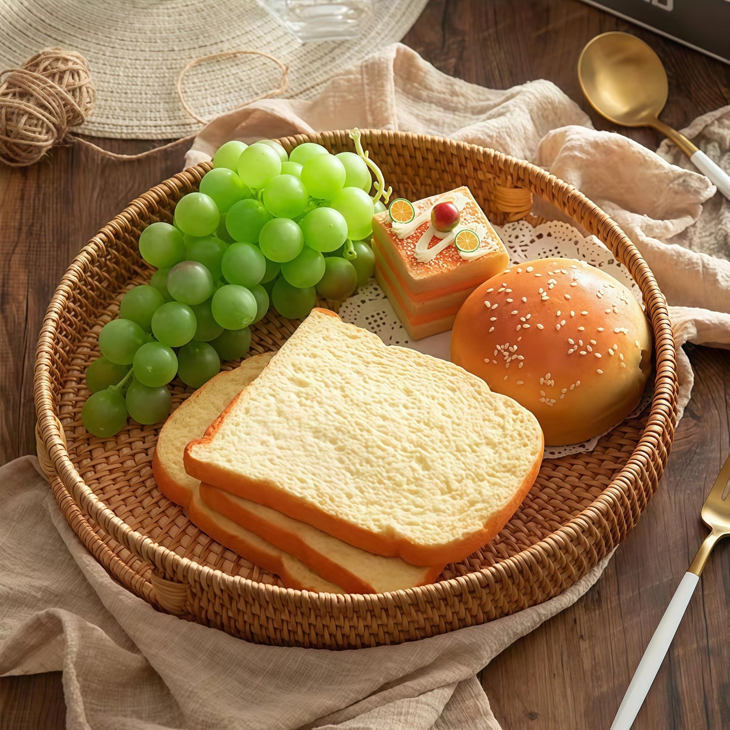 16.9" Round Rattan Tray, Hand Woven Serving Tray with Handles, Wicker Serving Basket, Decorative Tray for Home Decor, Natural