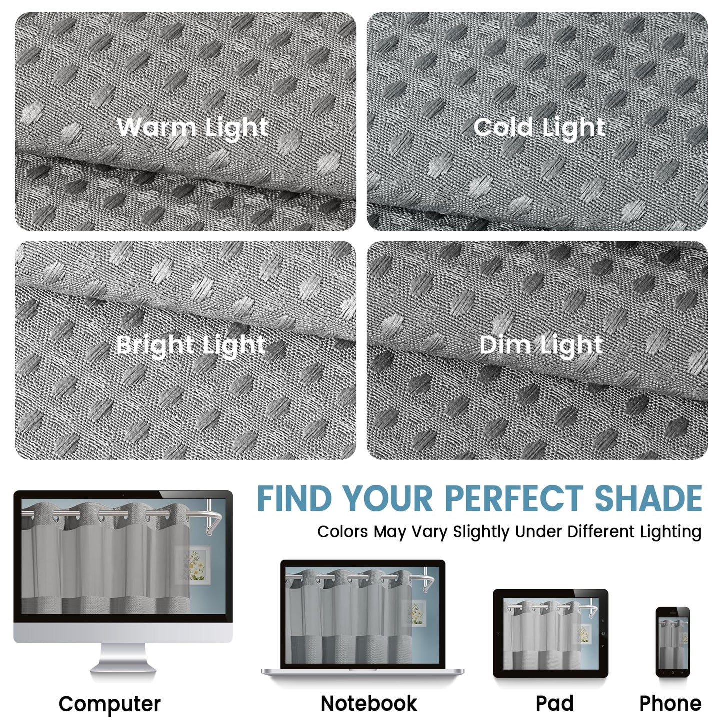 EUTXL Heavyweight Stall No Hook Shower Curtain with Snap in Liner,256GSM Waffle Weave Shower Curtains for Bathroom,60W x 74H,Grey