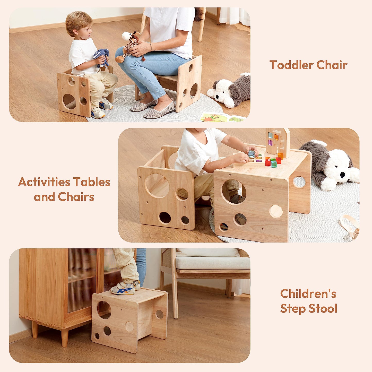Woodtoe Montessori Weaning Table and Chair Set, Adjustable Toddler Table and Chair, Solid Wood Activity Table, Ideal for Learning, Mealtime and Play, Montessori Furniture for Baby Kids Boys Girls 1-3
