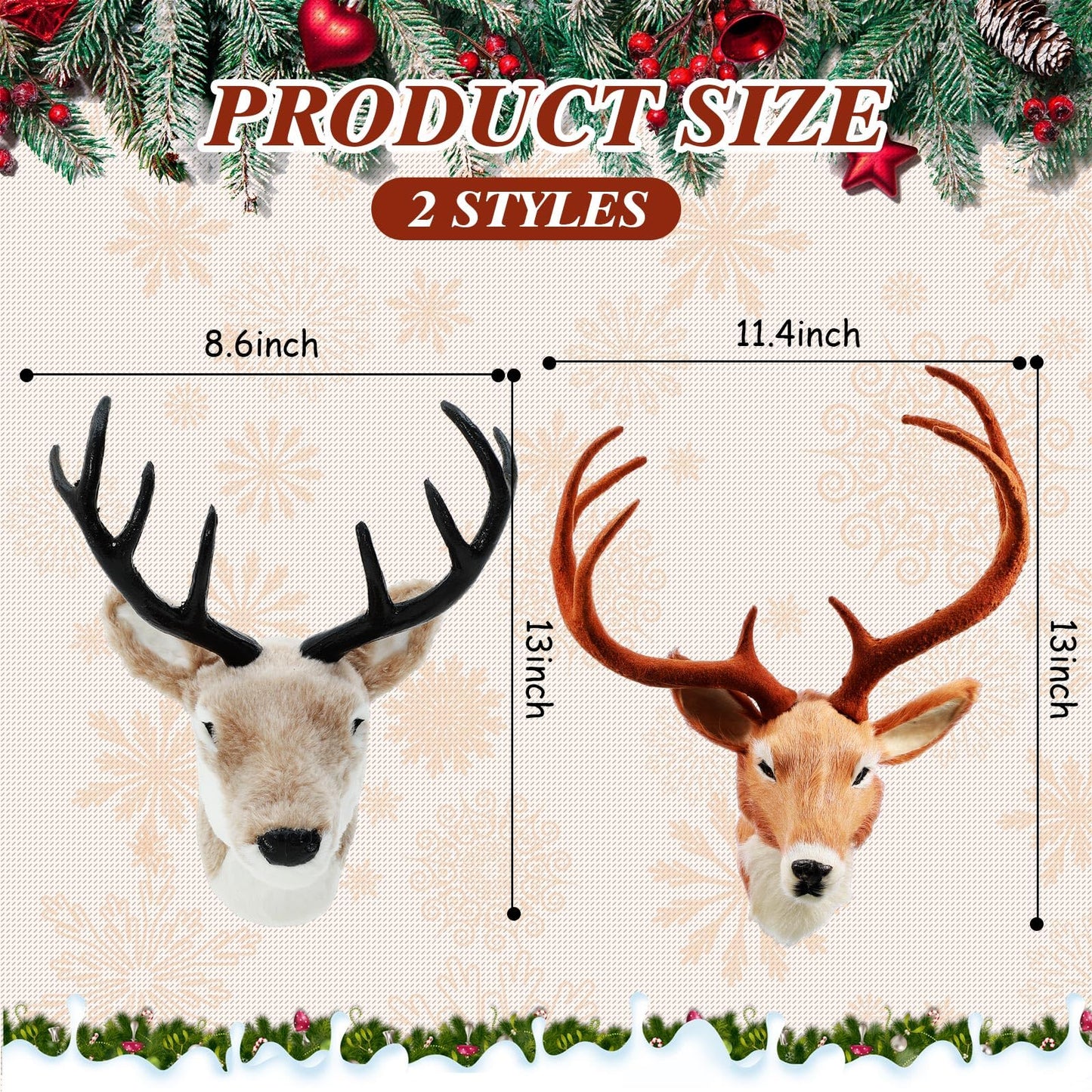 Arrowbash 2 Pack 13" The Elk Plush Stuffed Animal Wall Mount Plush Stuffed Animal Taxidermy Head for Christmas Home Wall Decoration Adult(Deer Head)
