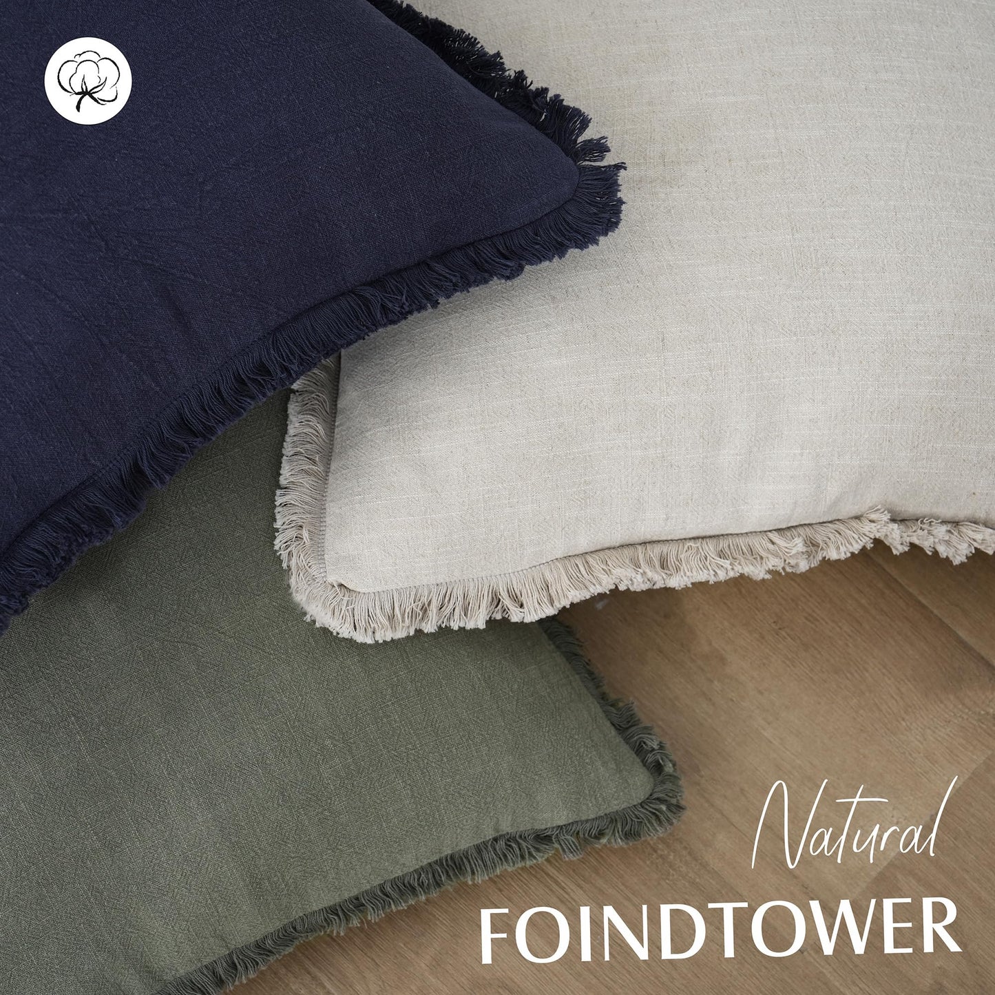 Foindtower Set of 2 Decorative Linen Fringe Throw Pillow Covers Cozy Boho Farmhouse Cushion Cover with Tassels Soft Accent Pillowcase for Couch Sofa Living Room Home Decor, 26×26 Inch, Natural Beige