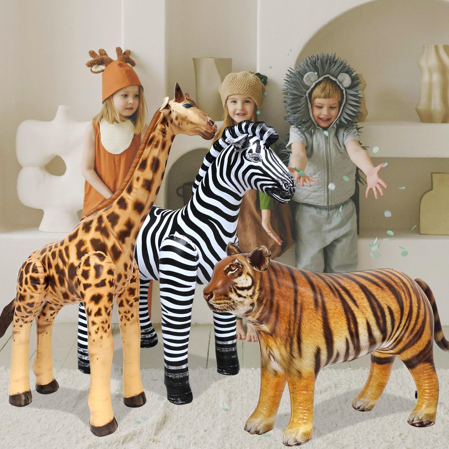 Jet Creations Life on Earth Wildlife Safari Inflatable, 3-PK, Giraffe(36"), Zebra(32"), Tiger(20"), Realistic Animals for Party Decoration, Pool, Birthday, Jungle Photo Prop