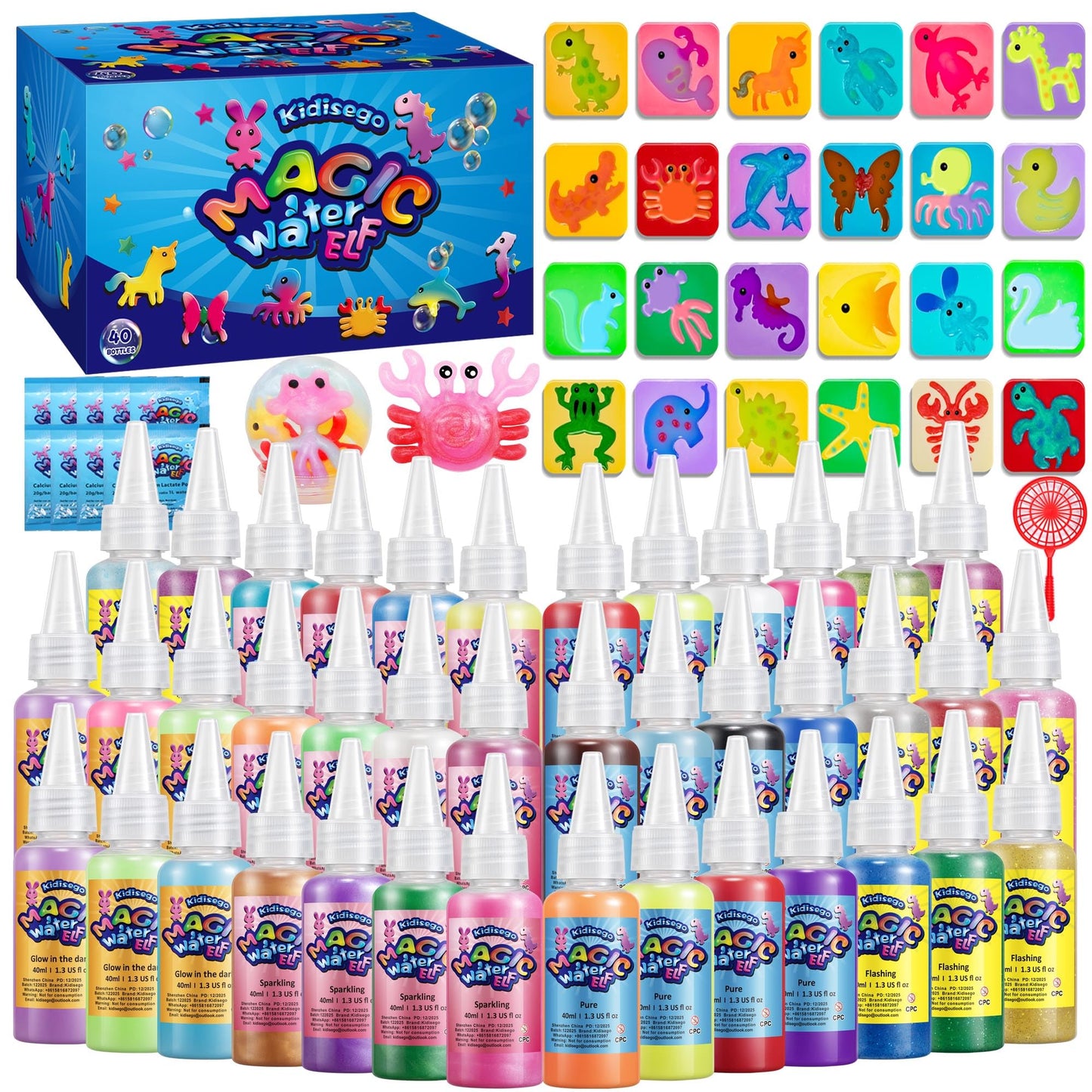 Kidisego Magic Water Elf Toy Kit, 40 Colors Aqua Fairy Water Gel Kit for Kids, Aqua Fairy kit with 24 Molds, Crate Your Own Magic Elf Kits Water Pets Craft Kits for Kids