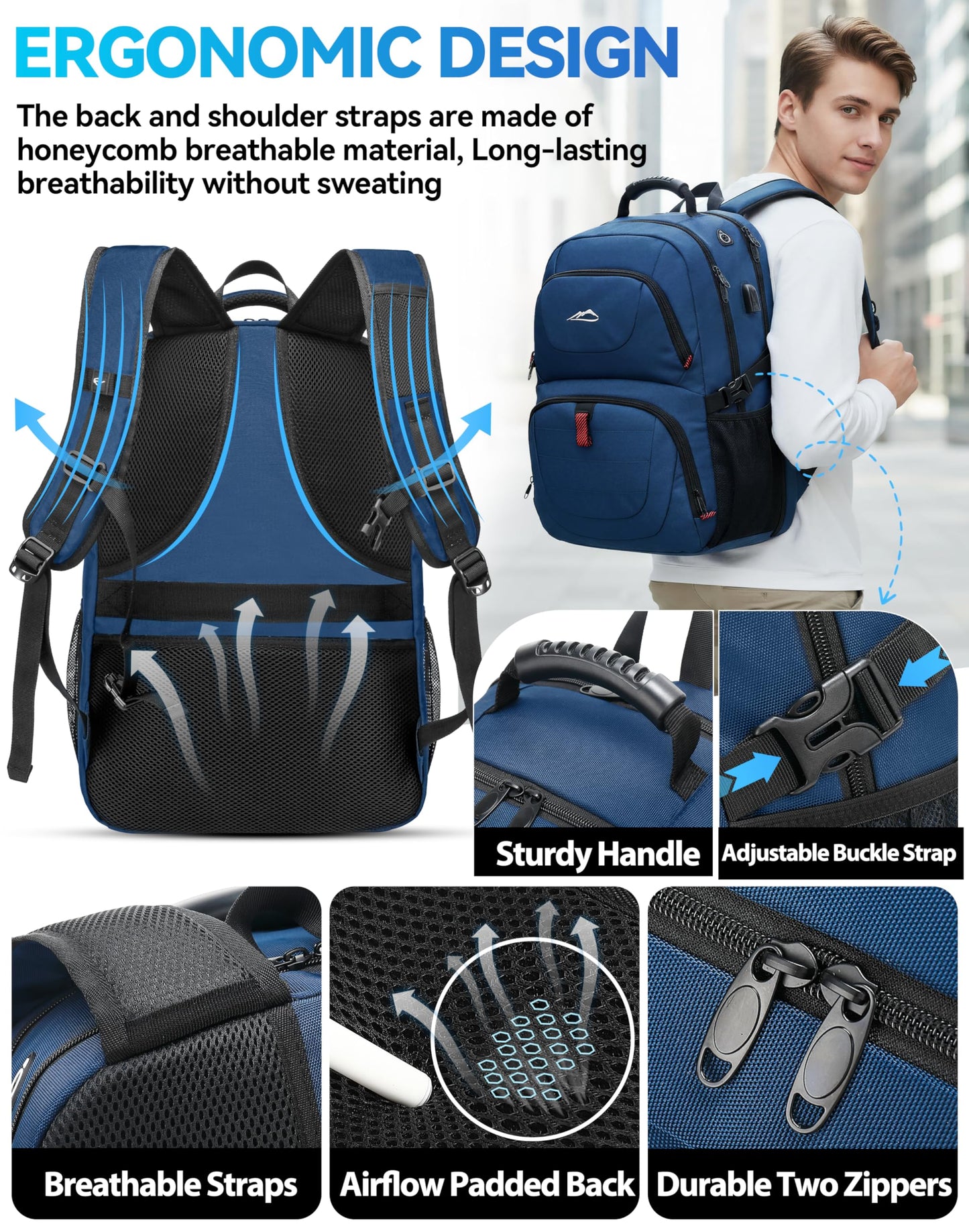 ProEtrade Travel Backpack, Extra Large Laptop Backpack School Business Anti Theft TSA Approved College Work Computer Bag Fits 17 Inch Laptop with USB Charging Port Bookbag for Women Men(Blue)