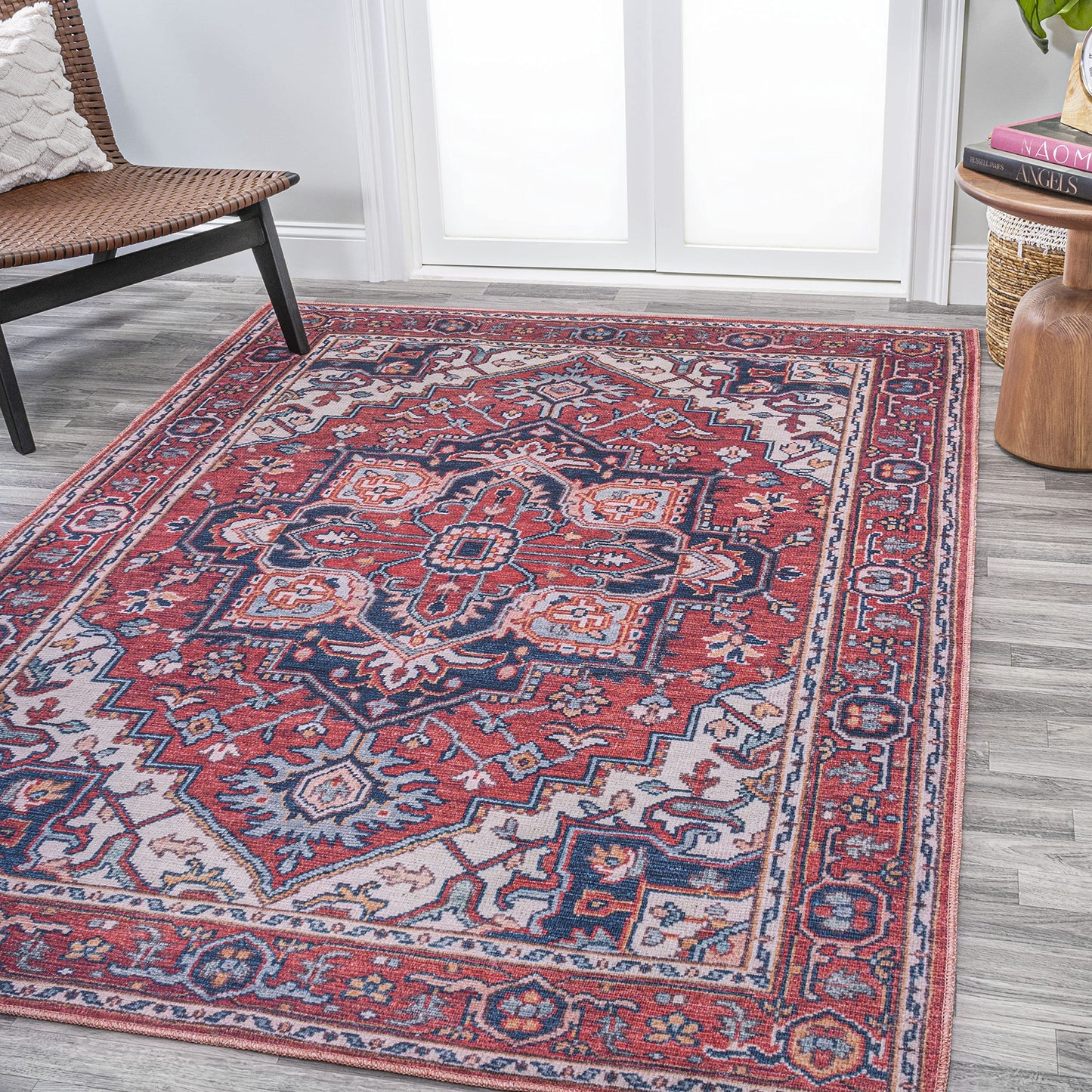 JONATHAN Y Machine Washable Red/Navy Indoor Area Rug 4X6 ft, Cirali Ornate Large Medallion for Living Room, Bedroom, Kitchen, Office, Easy-Cleaning, High Traffic, Pet-Friendly, Non-Shedding WSH105A-4
