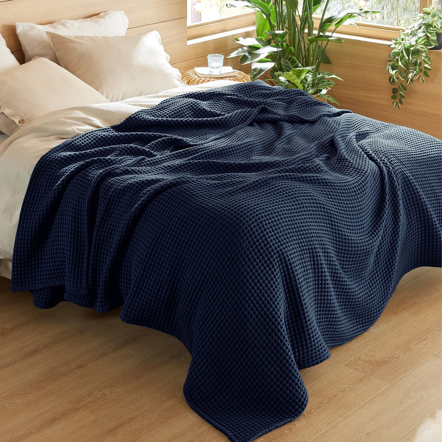 Bedsure 100% Cotton Blanket Queen Size for Spring Summer, Waffle Weave Thin Lightweight Breathable Blanket for Bed, Cotton Bedding Room Decor Gifts for Women, Men, Navy Blue, 90" x 90"