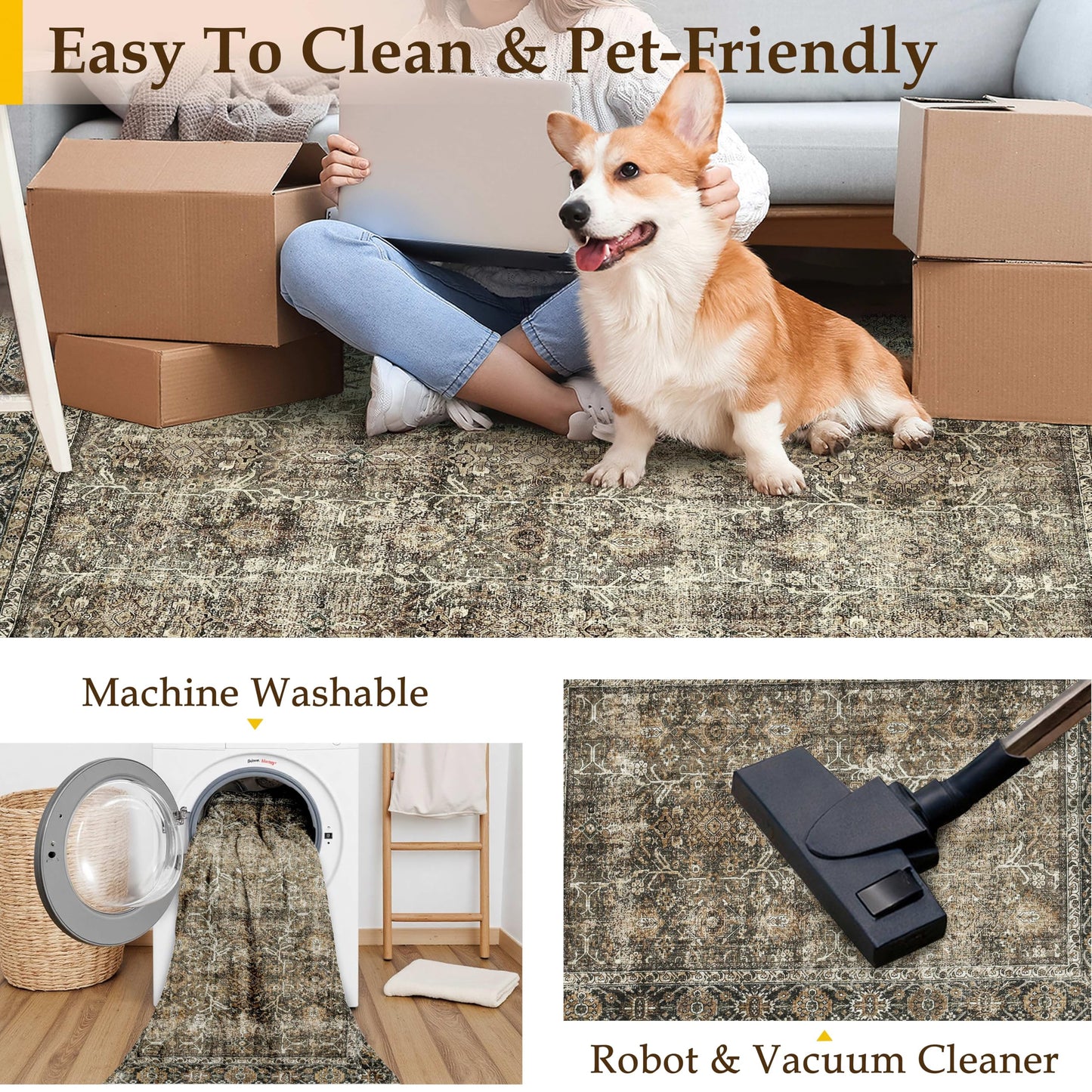 PureCozy Brown Runner Rug 3x12 Vintage Area Carpet Hallway Long Indoor Kitchen Washable Living Room Low Pile Traditional Distressed Retro Accent Throw Rug Non Slip Laundry Bathroom Office Dining Room