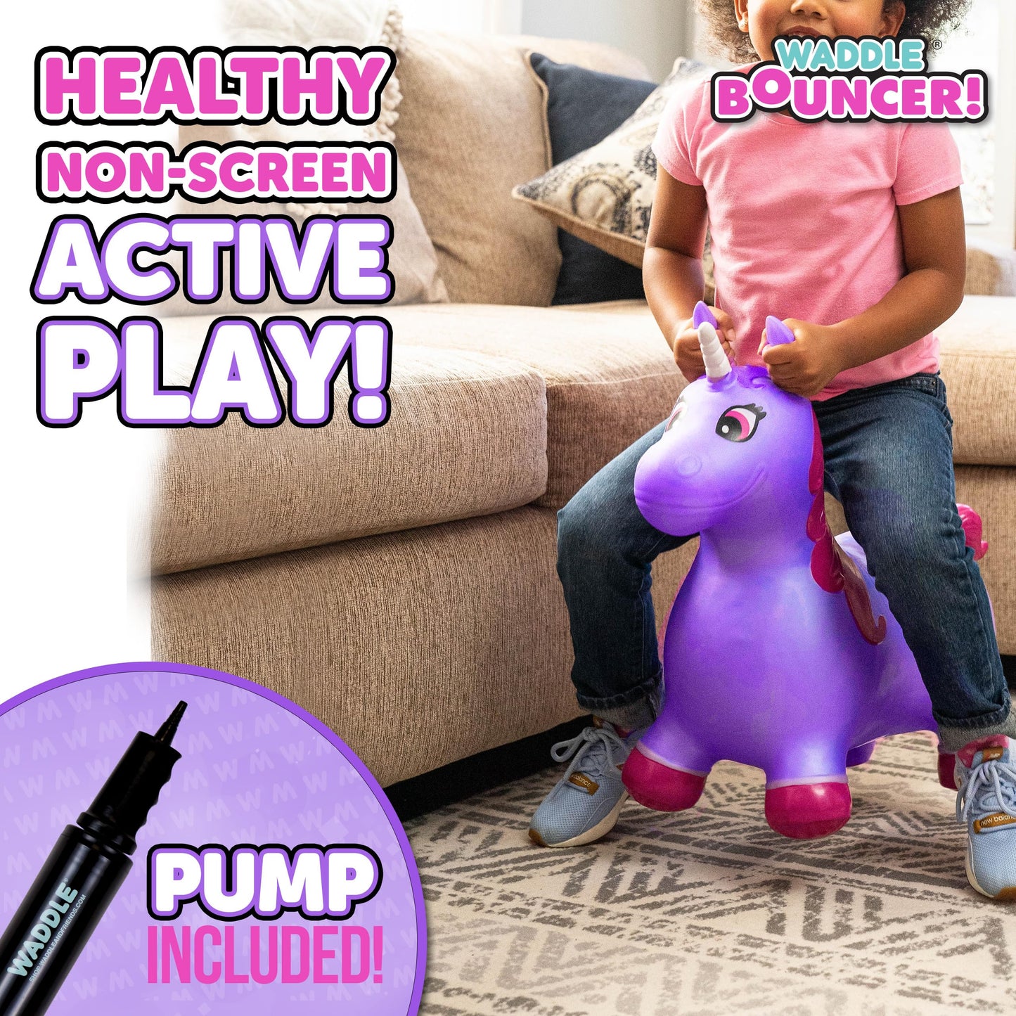 Waddle Bouncy Hopper Inflatable Hopping Animal, Indoors and Outdoors Toy for Toddlers and Kids, Pump Included, Boys and Girls Ages 2 Years and U (Purple Pink Unicorn)