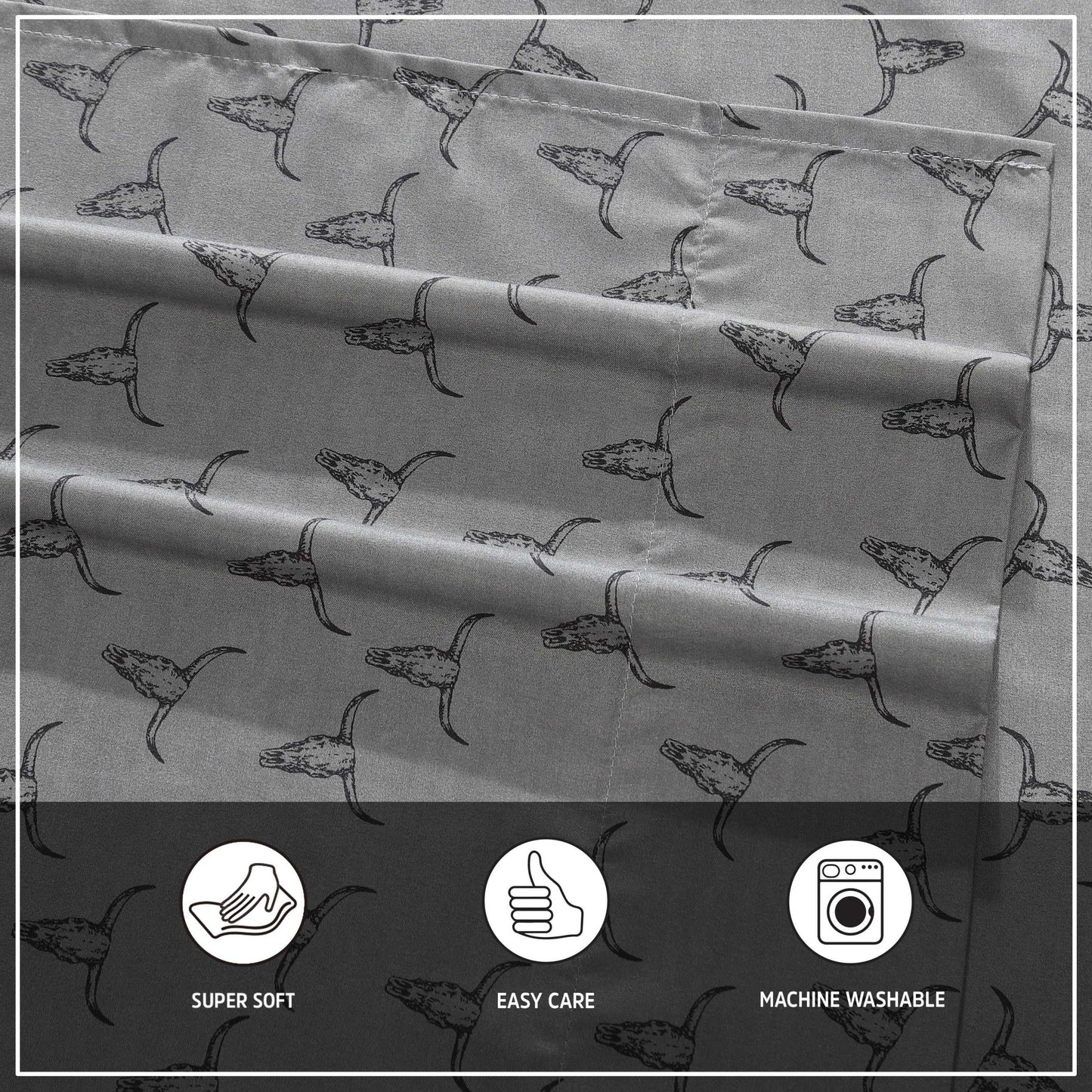 Wrangler - King Size Sheet Set, Ultra-Soft & Wrinkle-Resistant Bedding for Year Round Comfort, Deep Pockets, Bed Sheets with Matching Fitted Sheet & Pillowcases (Steer Skulls Grey)