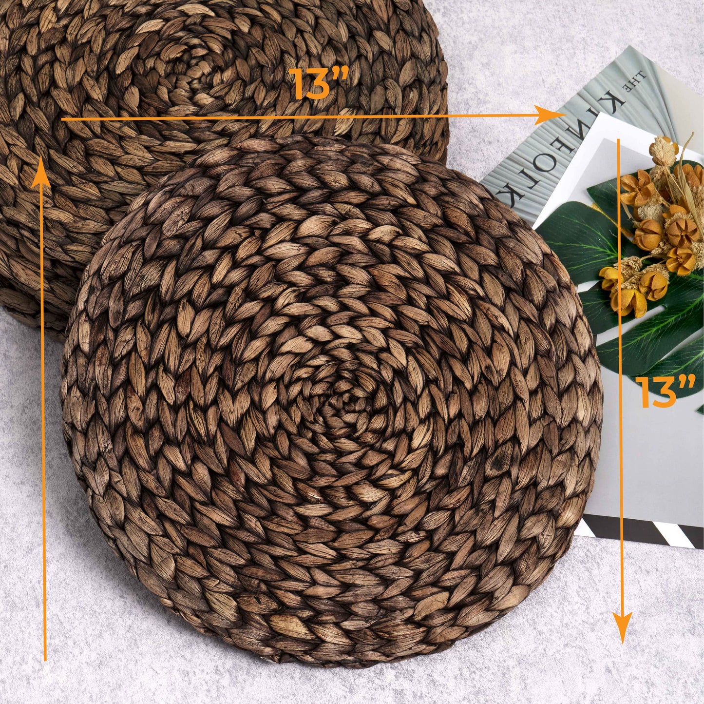 (4 Sizes: 12"-13"-14"-15") BARIEN Rustic Woven Placemats Round Set of 10, Natural Water Hyacinth Weave Placemat for Dining Table, Large Handmade Woven Placemats Heat Resistant Non-Slip (13" - Set 10)