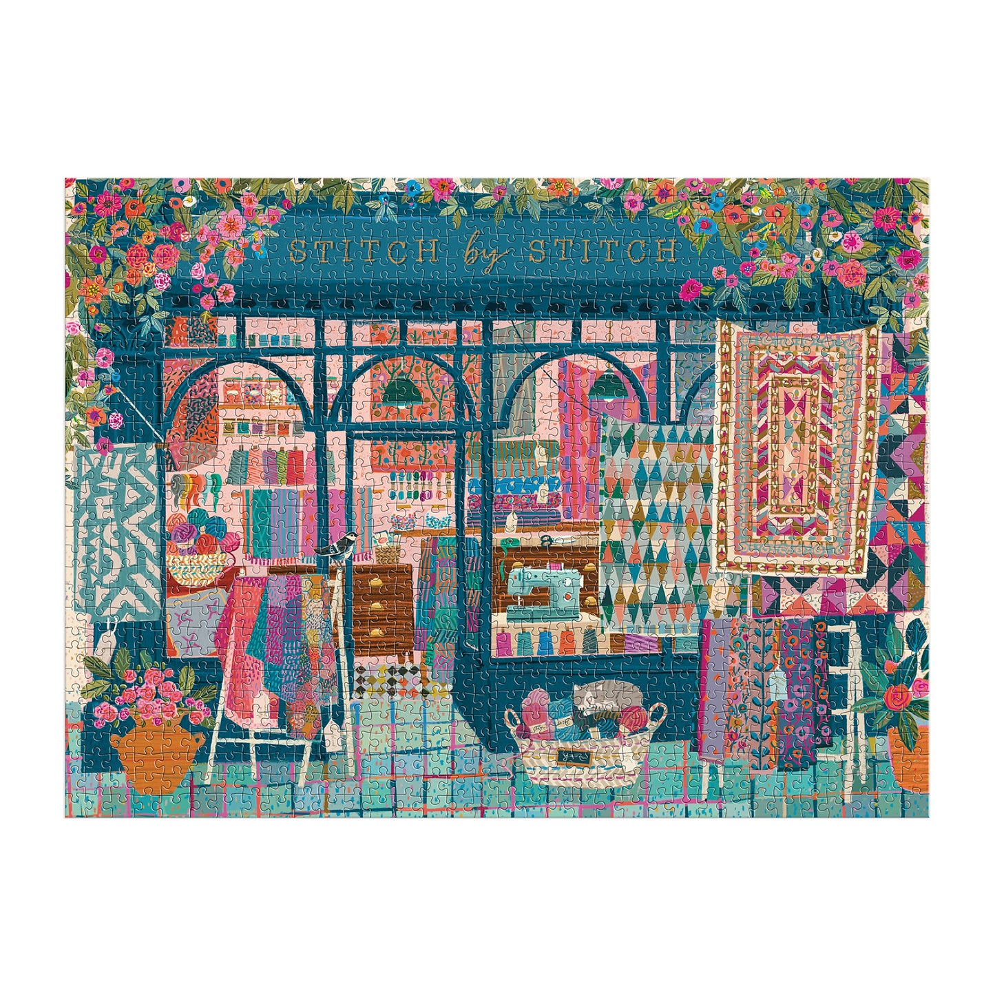 Galison Stitch by Stitch – 1000 Piece Puzzle Fun and Challenging Activity with Bright and Bold Quilting and Crafting Themed Storefront Artwork for Adults and Families