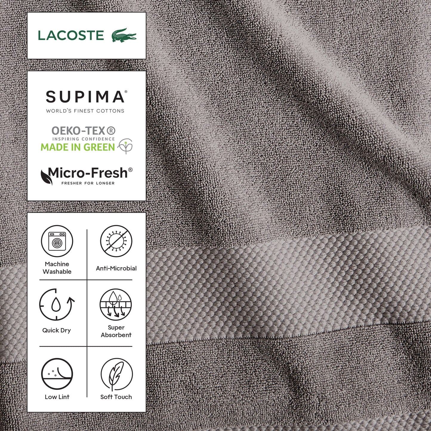 Lacoste Heritage 100% Supima Cotton Bath Sheet, Croc Green, 35" x 70" – Highly Absorbent & Quick Drying, Premium Super Soft Bath Towel, Bathroom Essential, Gift for All Occasions, Machine Washable