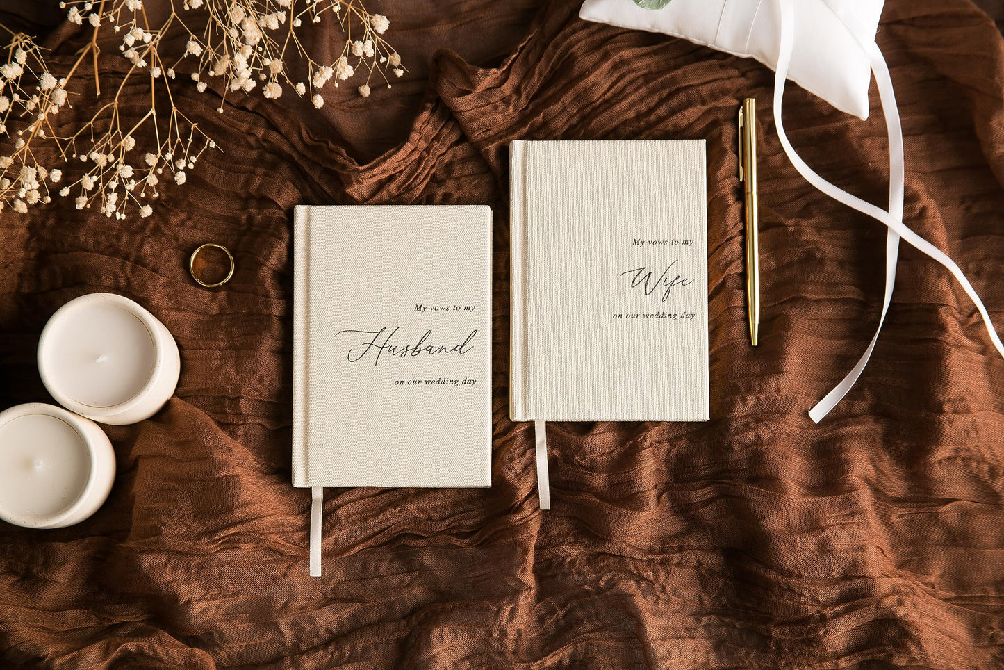 MUUJEE Hard Cover Vow Books (Set of 2) - Cream Canvas Linen Foil Embossed Wedding Ceremony Vow Renewal Speech Books, Couple Gifts for Engagement (to My Husband/Wife)